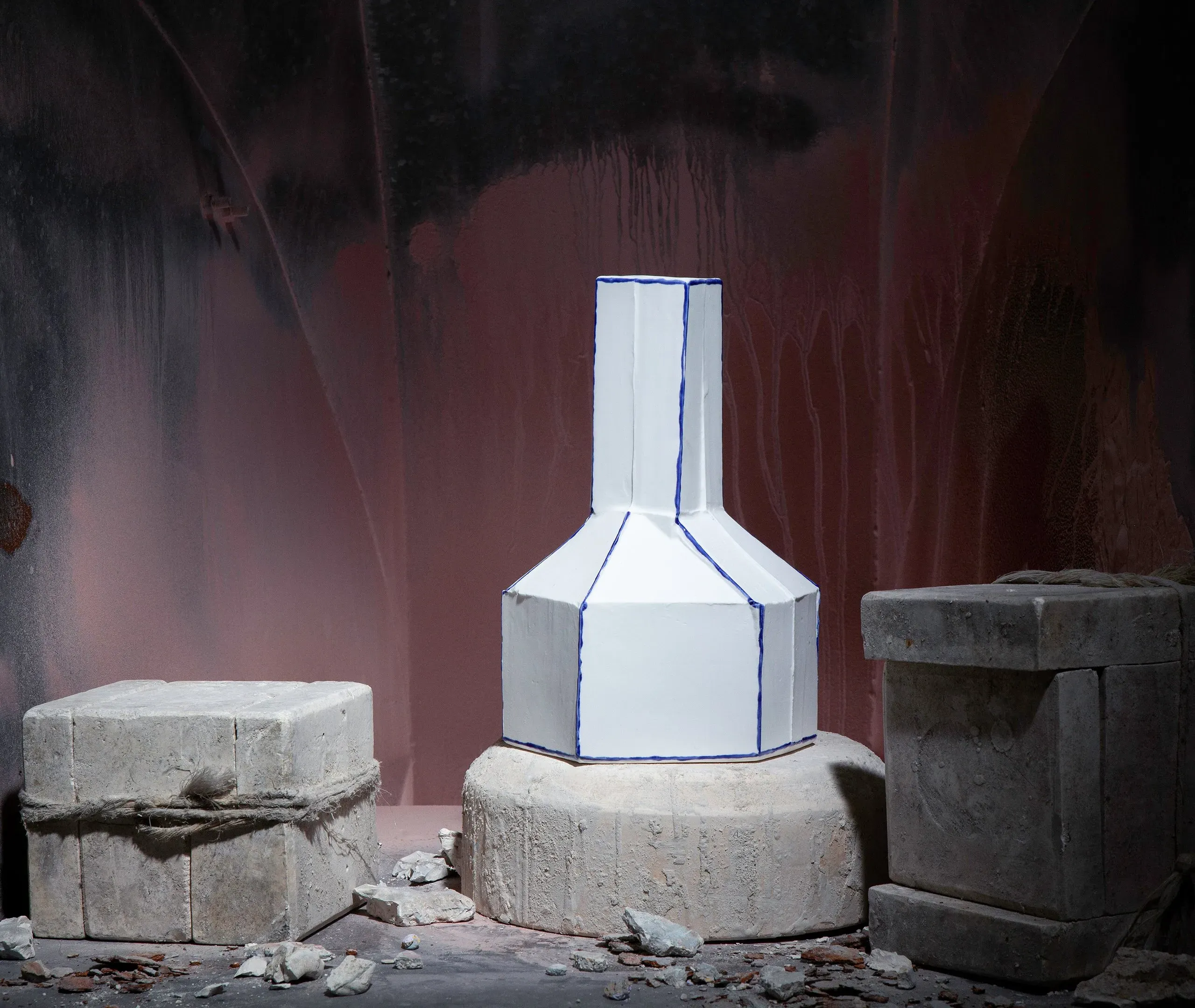 Angular Vase with Lines - White, Bone China