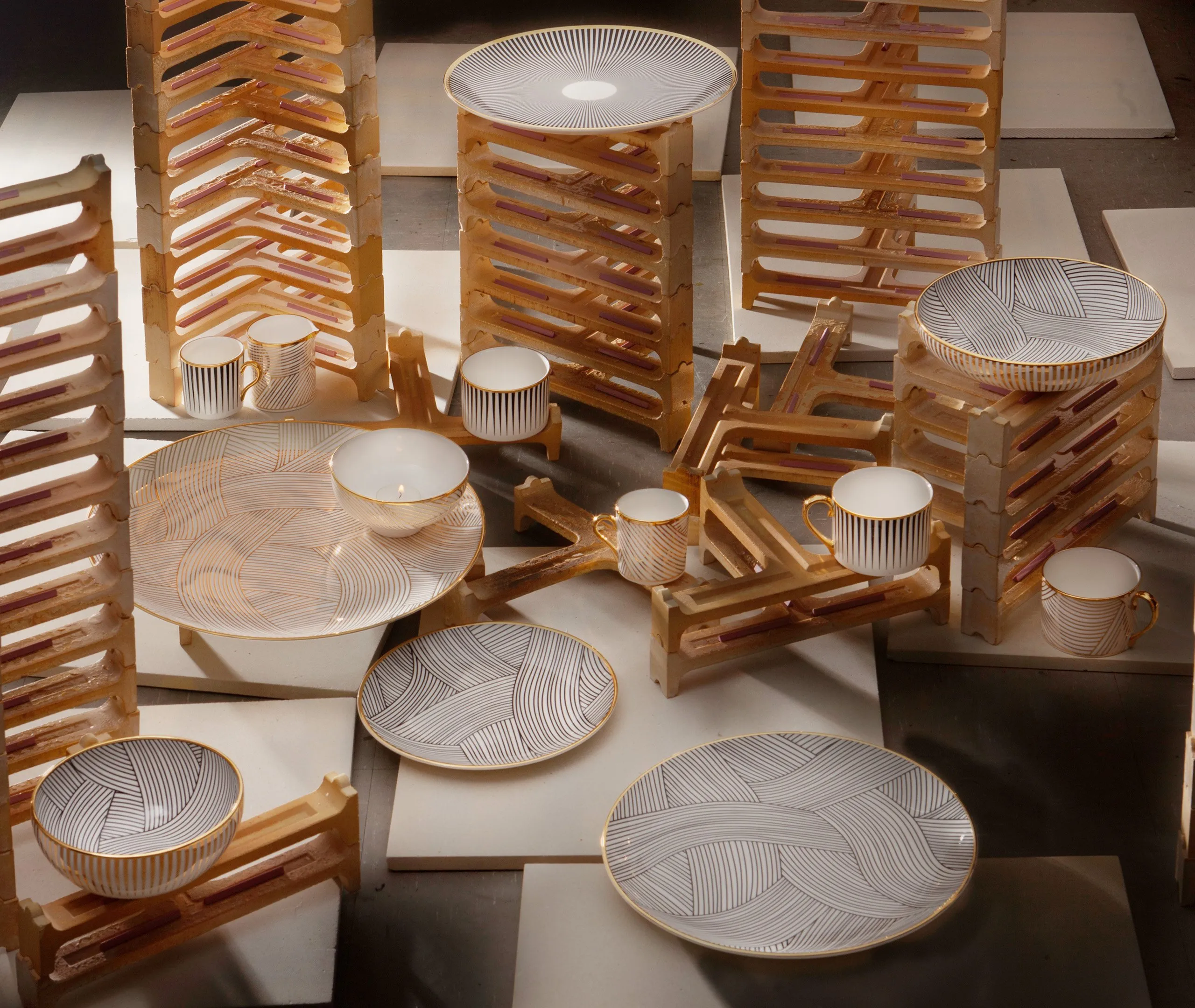 Tealight Holder with Gold Stripe - White, Bone China