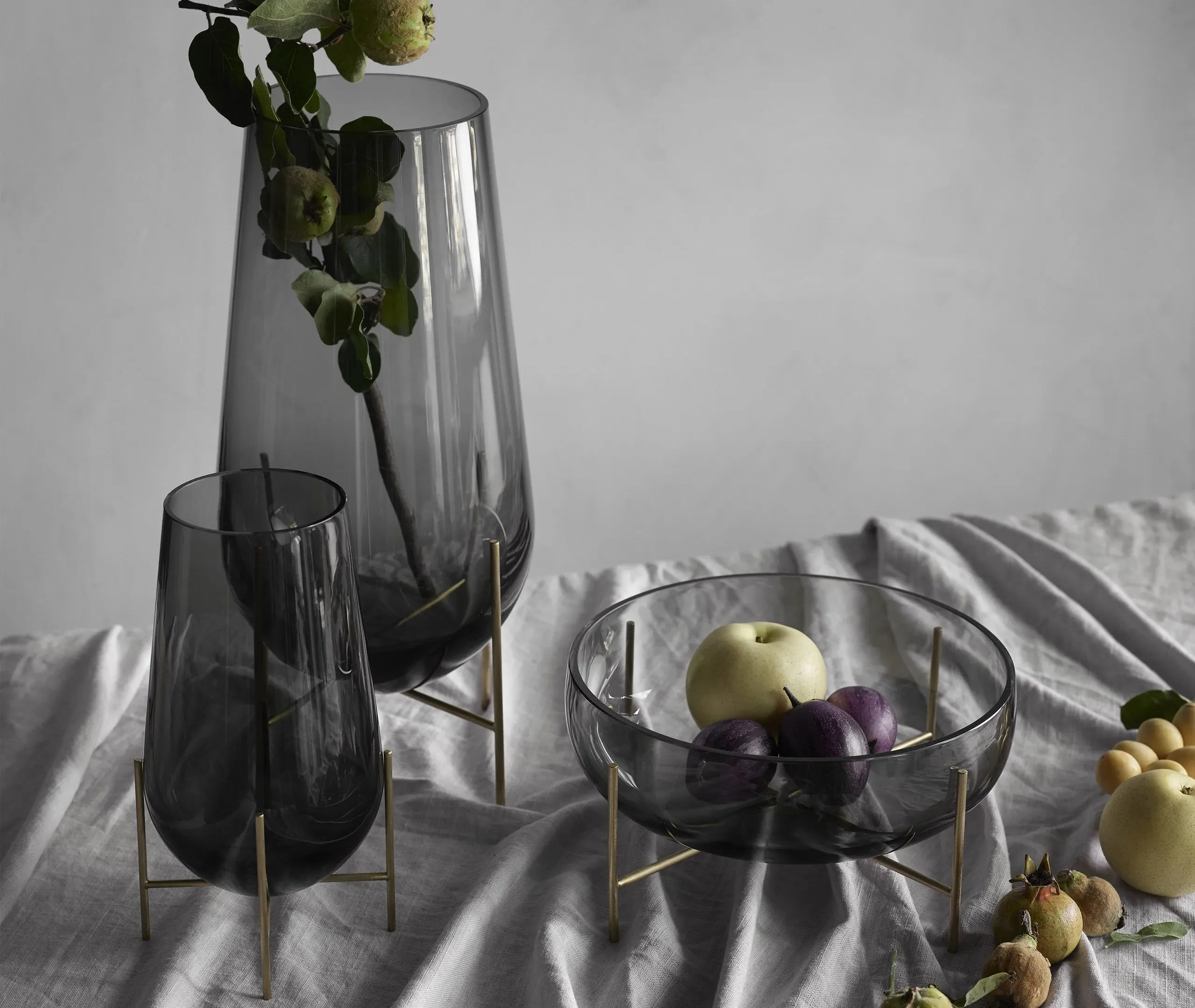 Glass Bowl with Brass Legs - Smoke, Glass