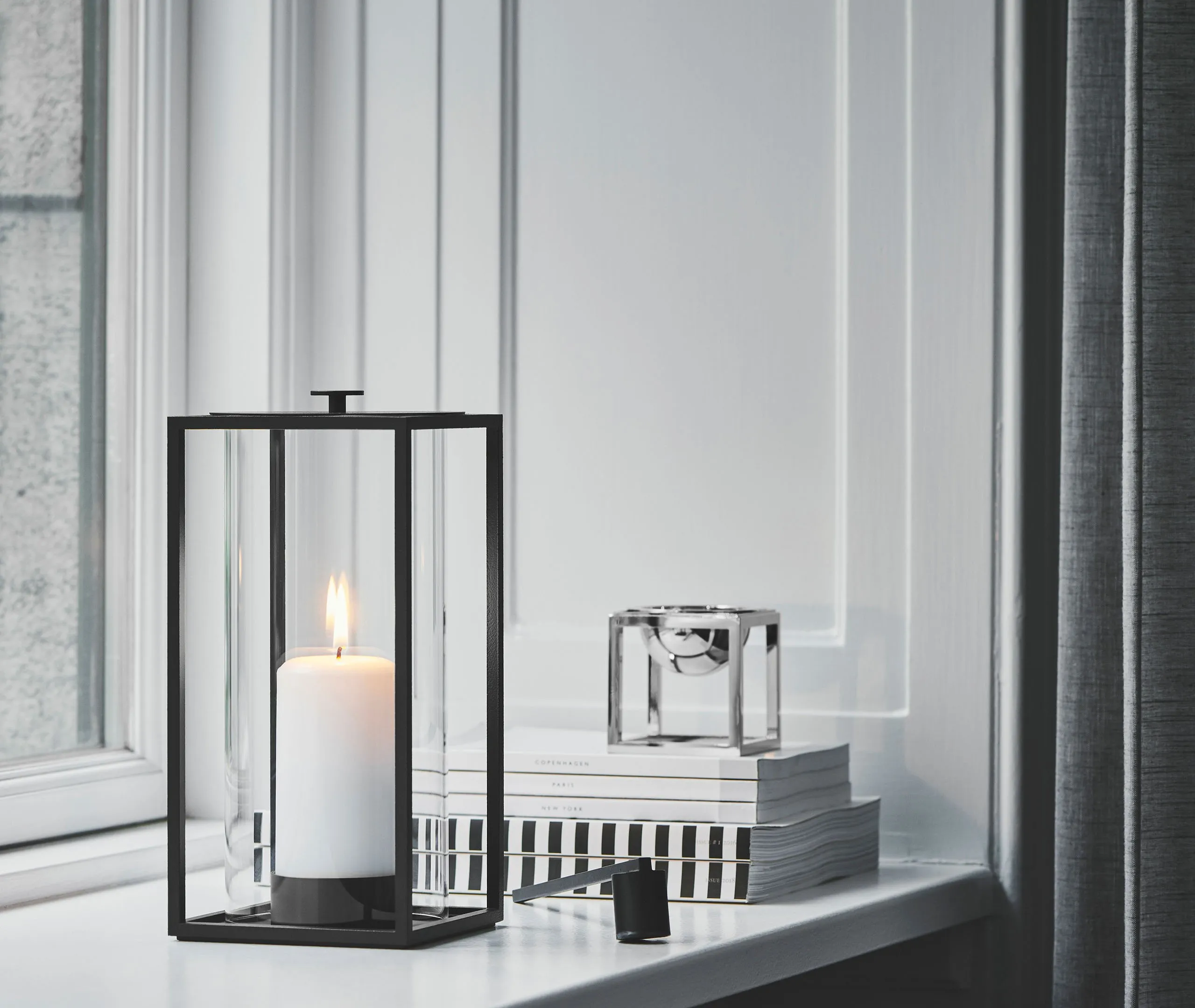 Medium Lantern with Candle Holder - Black, Metal