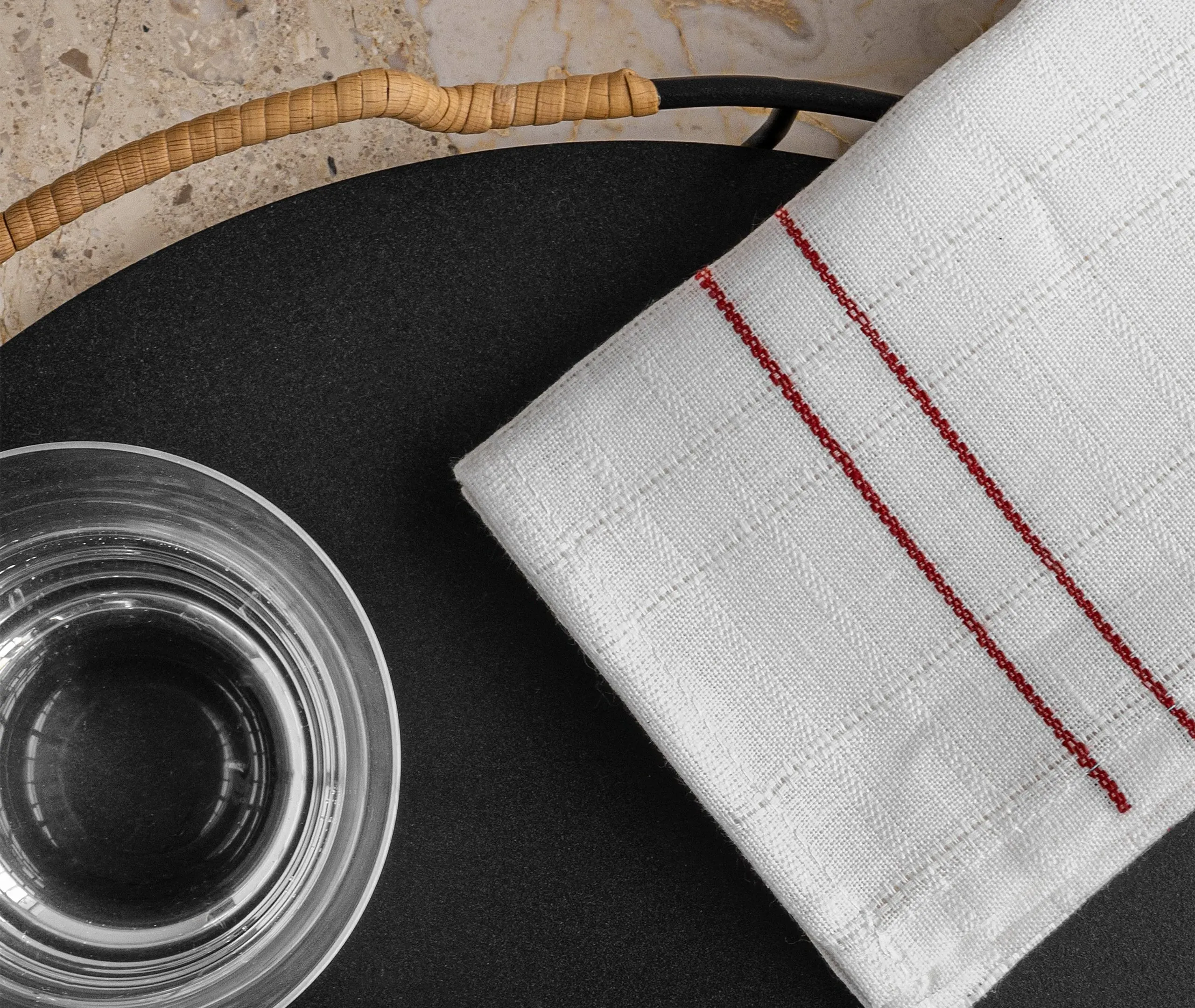 Serving Tray with Rattan Detail - Black, Steel