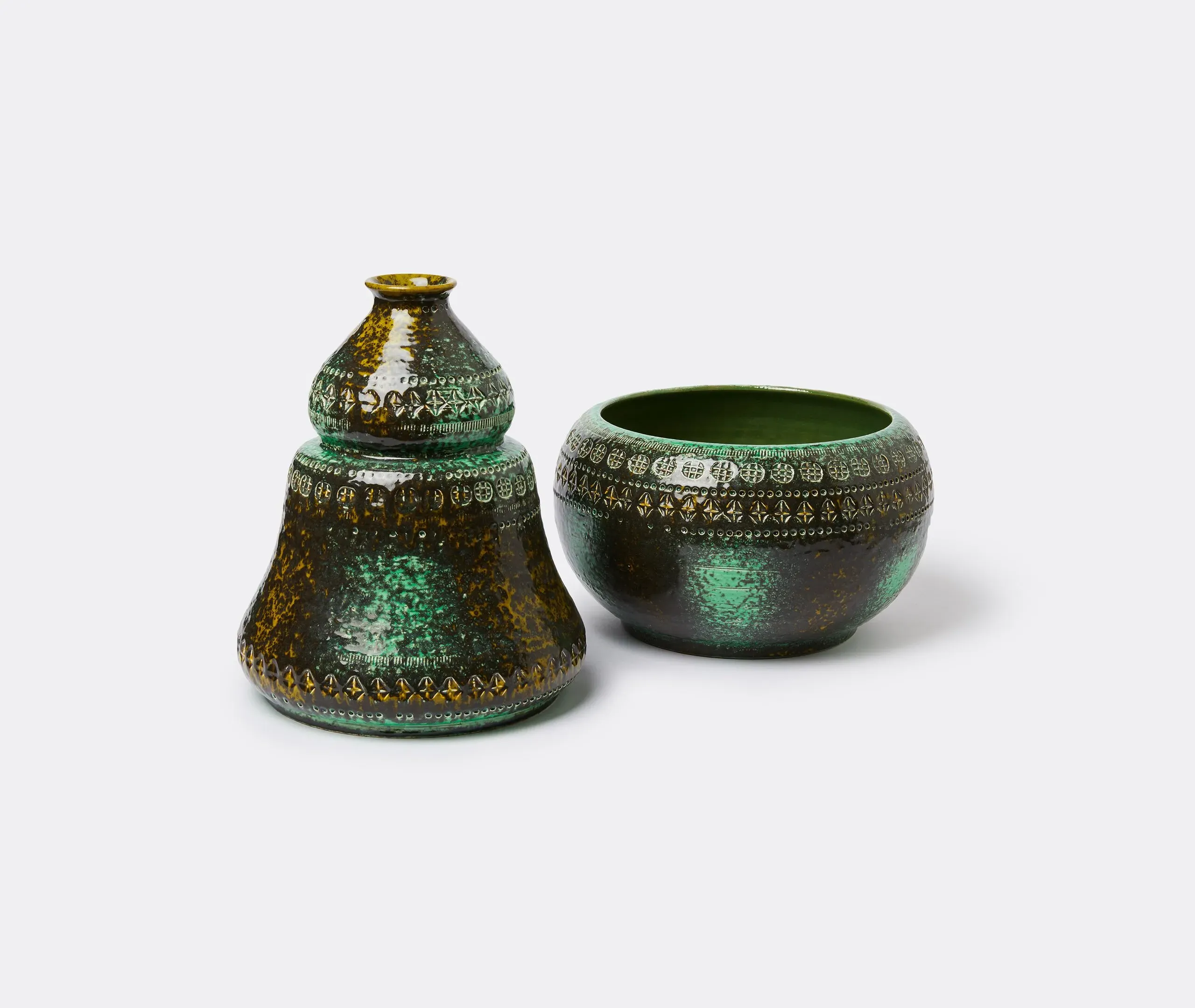 Two Piece Vase with Engravings - Green, Ceramic