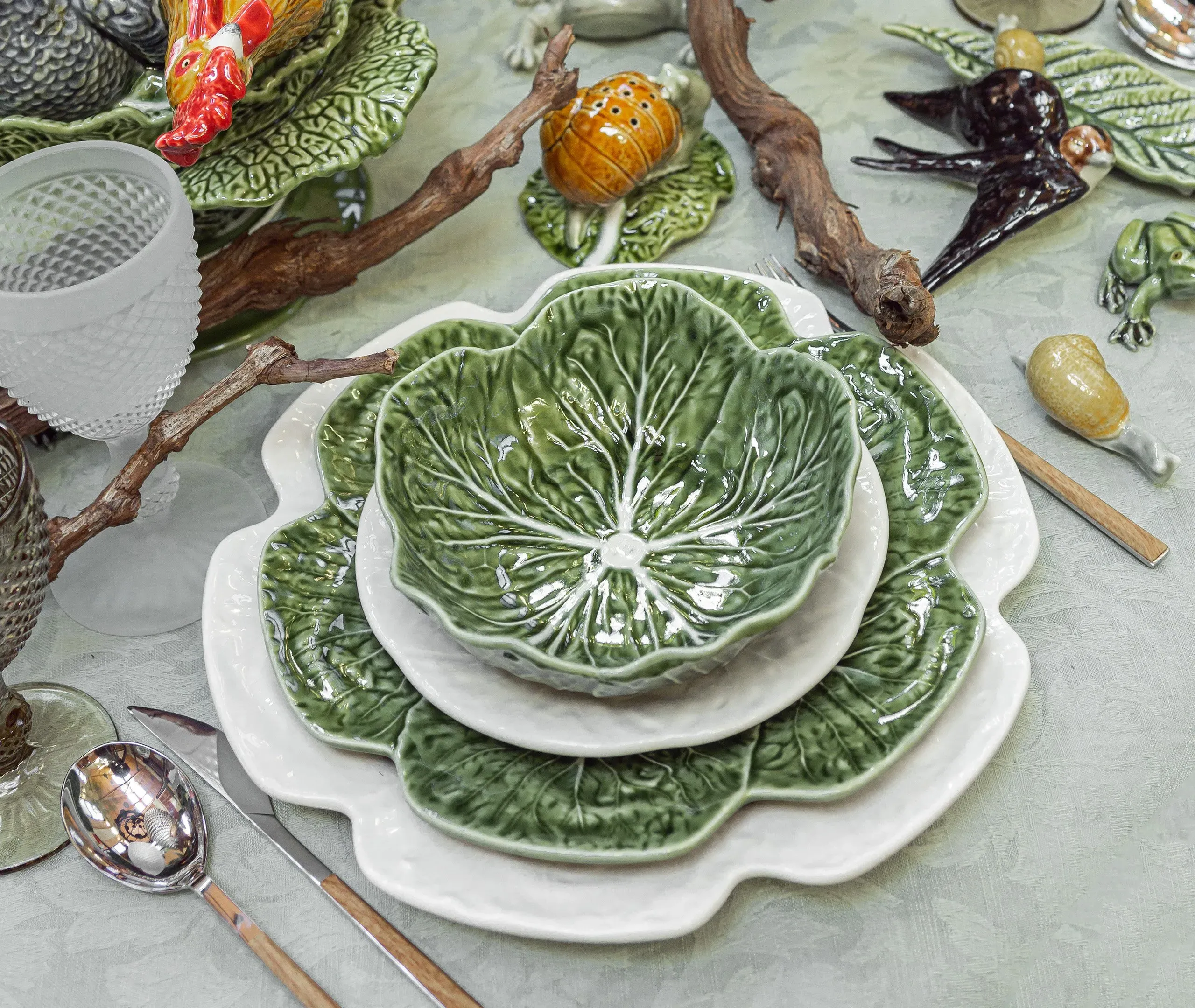 4-Piece Bowl Set Cabbage Design - Green, Ceramic