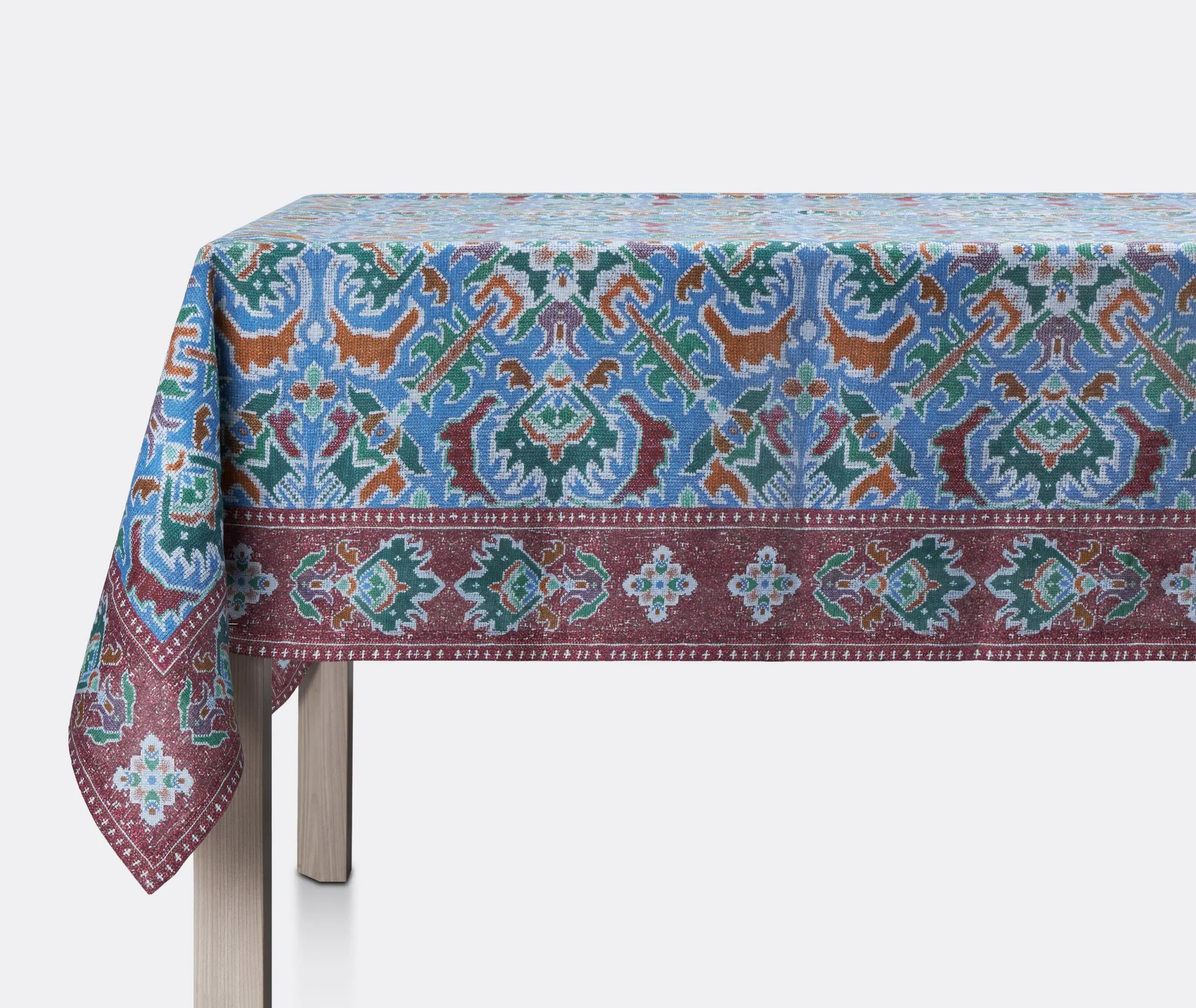 Square Tablecloth with Arabesque Pattern - Blue, Linen