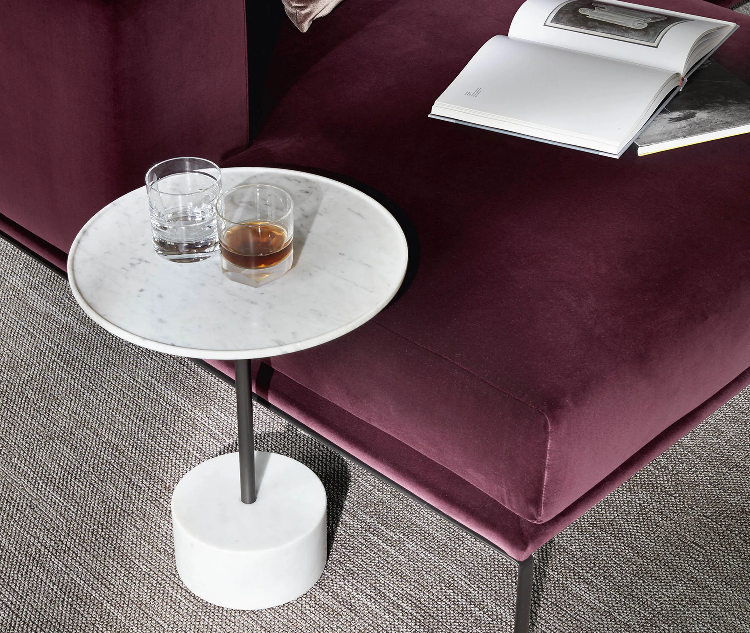 Low Table with Cylindrical Base - White, Marble