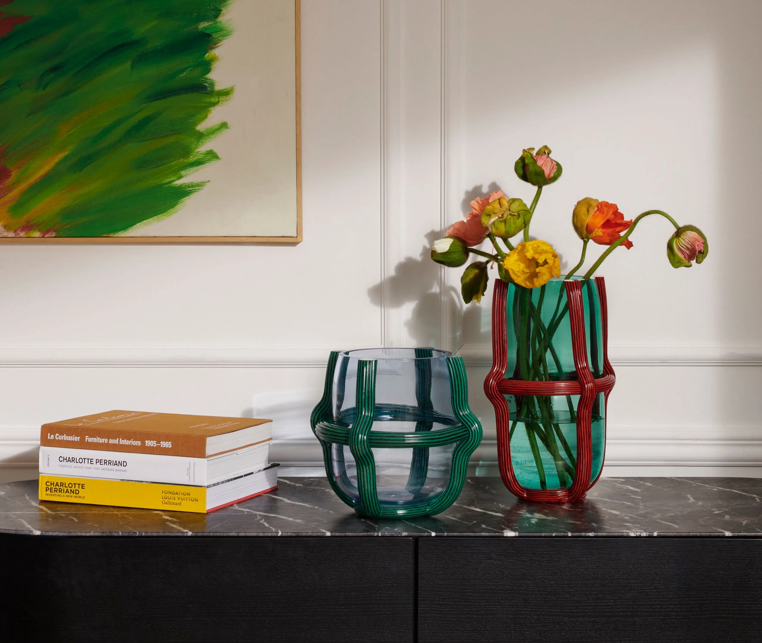 Low Vase with Cord Network - Blue, Glass