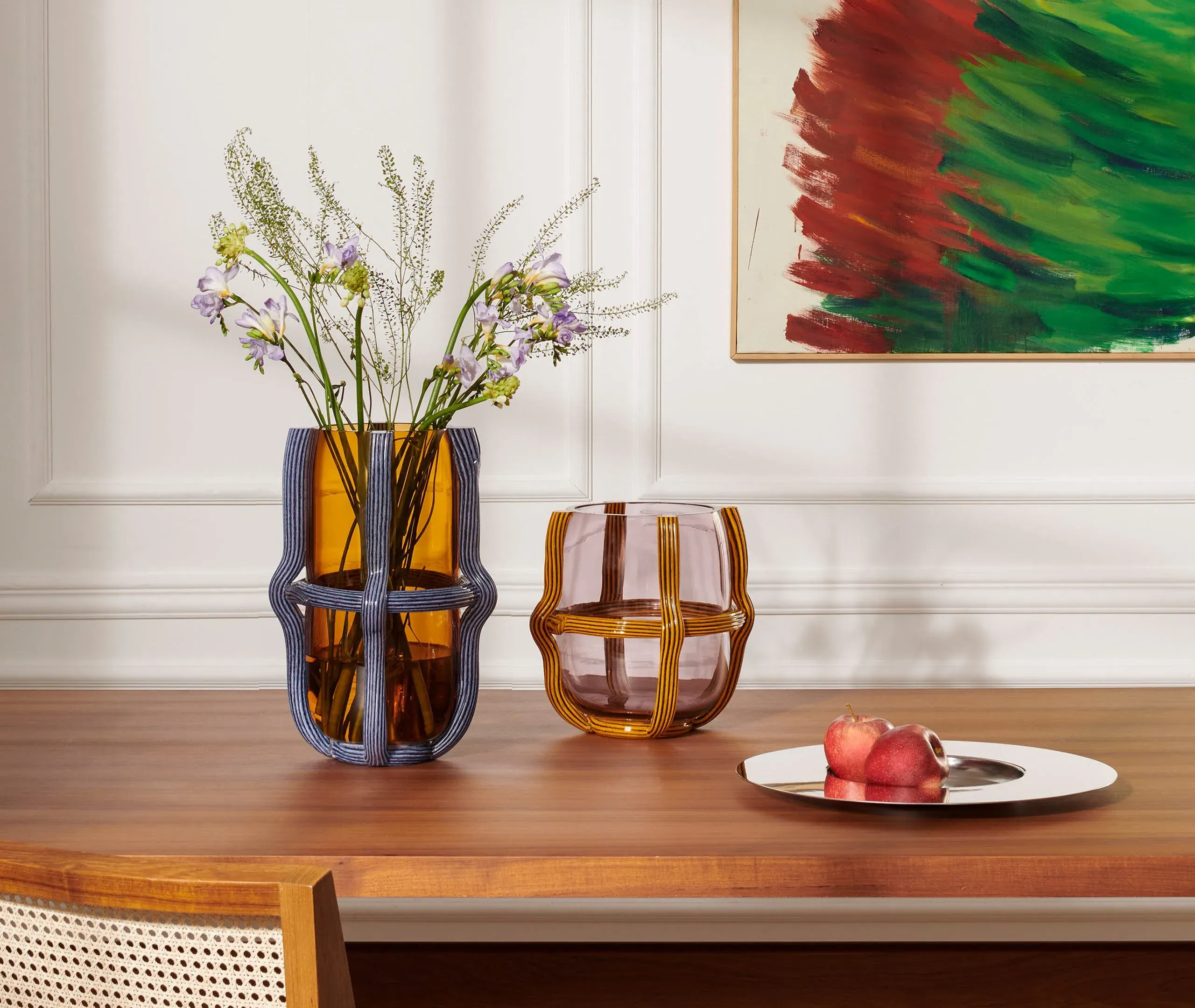Low Vase with Cord Network - Yellow, Glass
