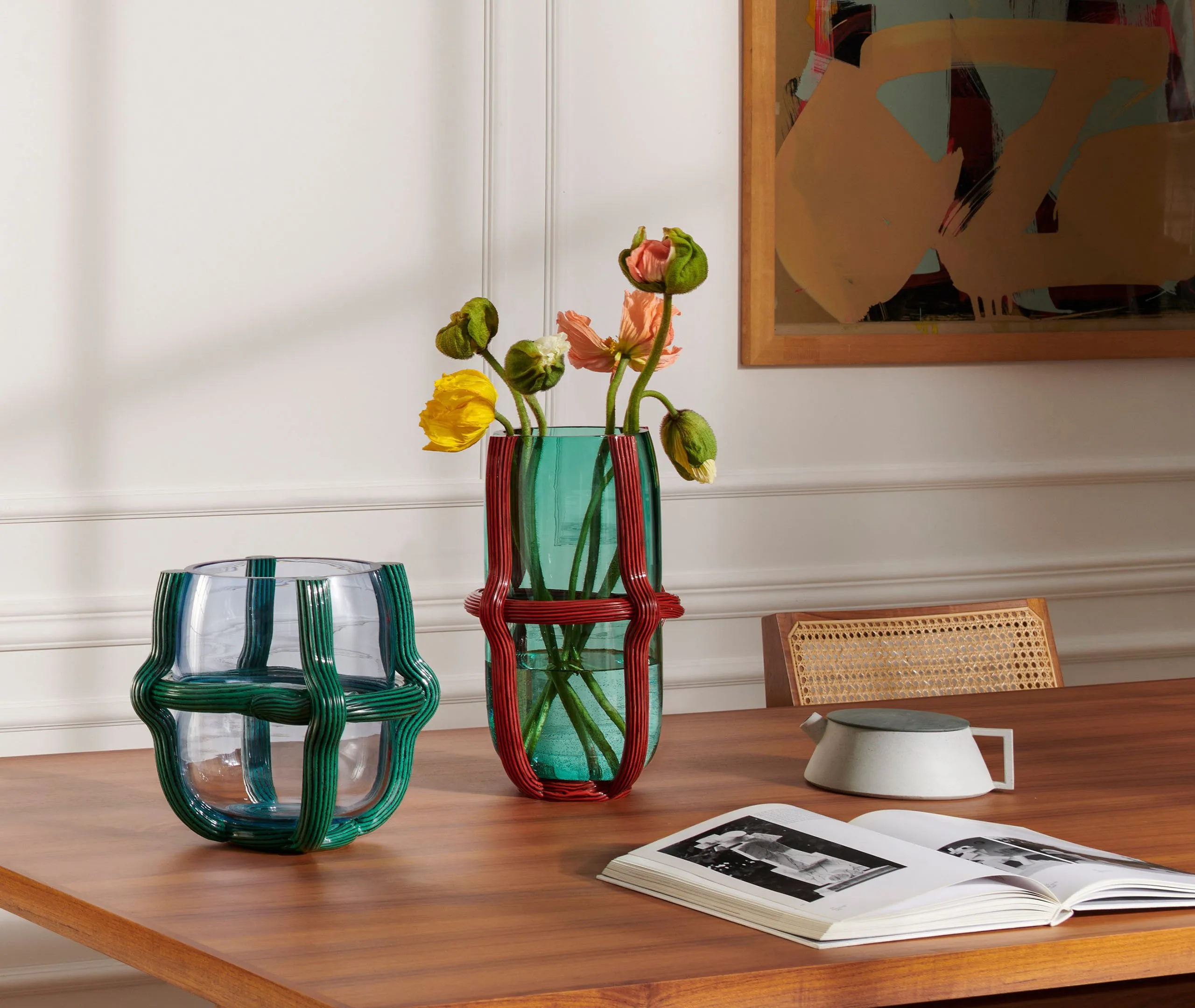Tall Vase with Cord Network - Multicolor, Glass