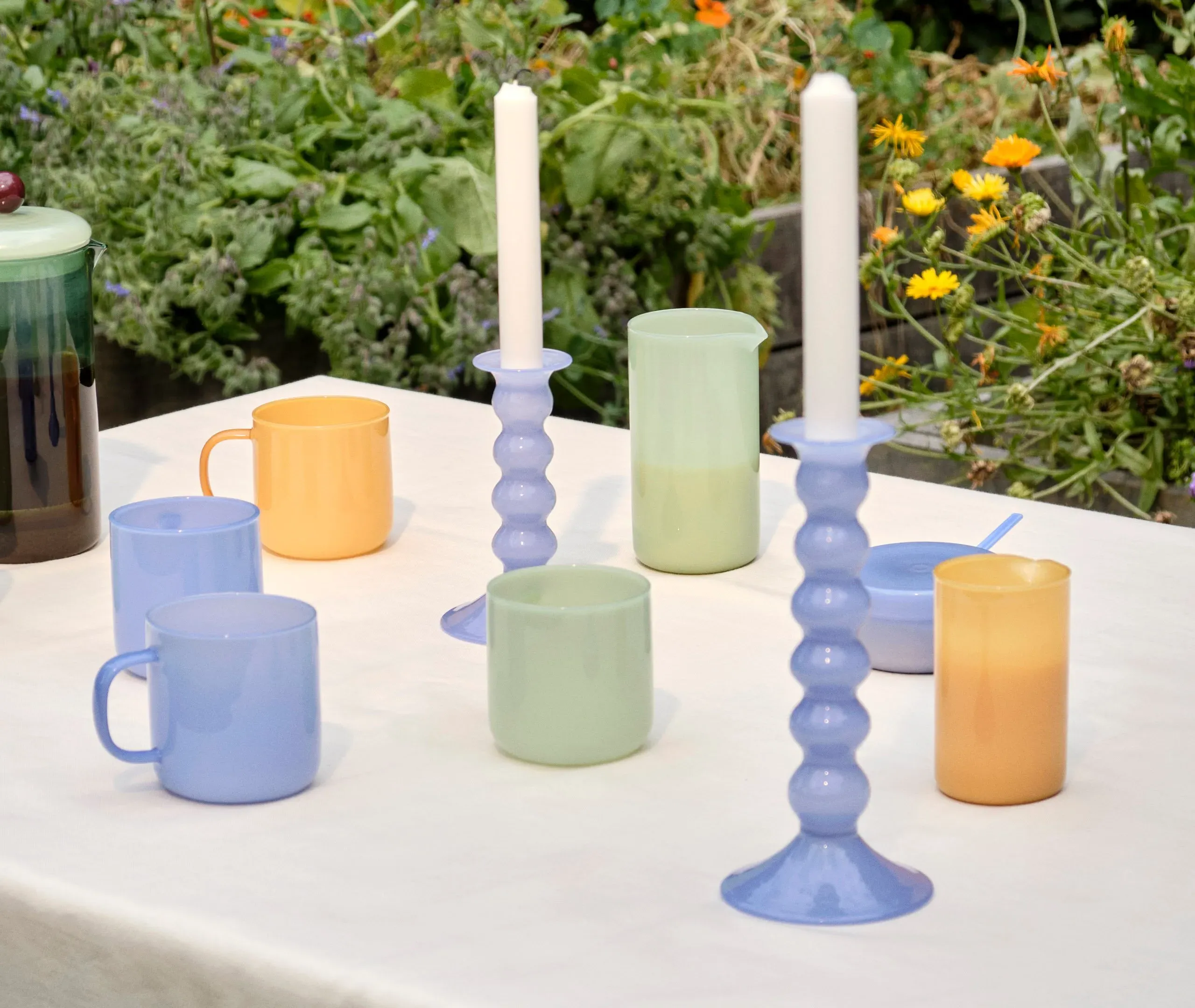 Large Candleholder Wavy Design - Light Blue Glass