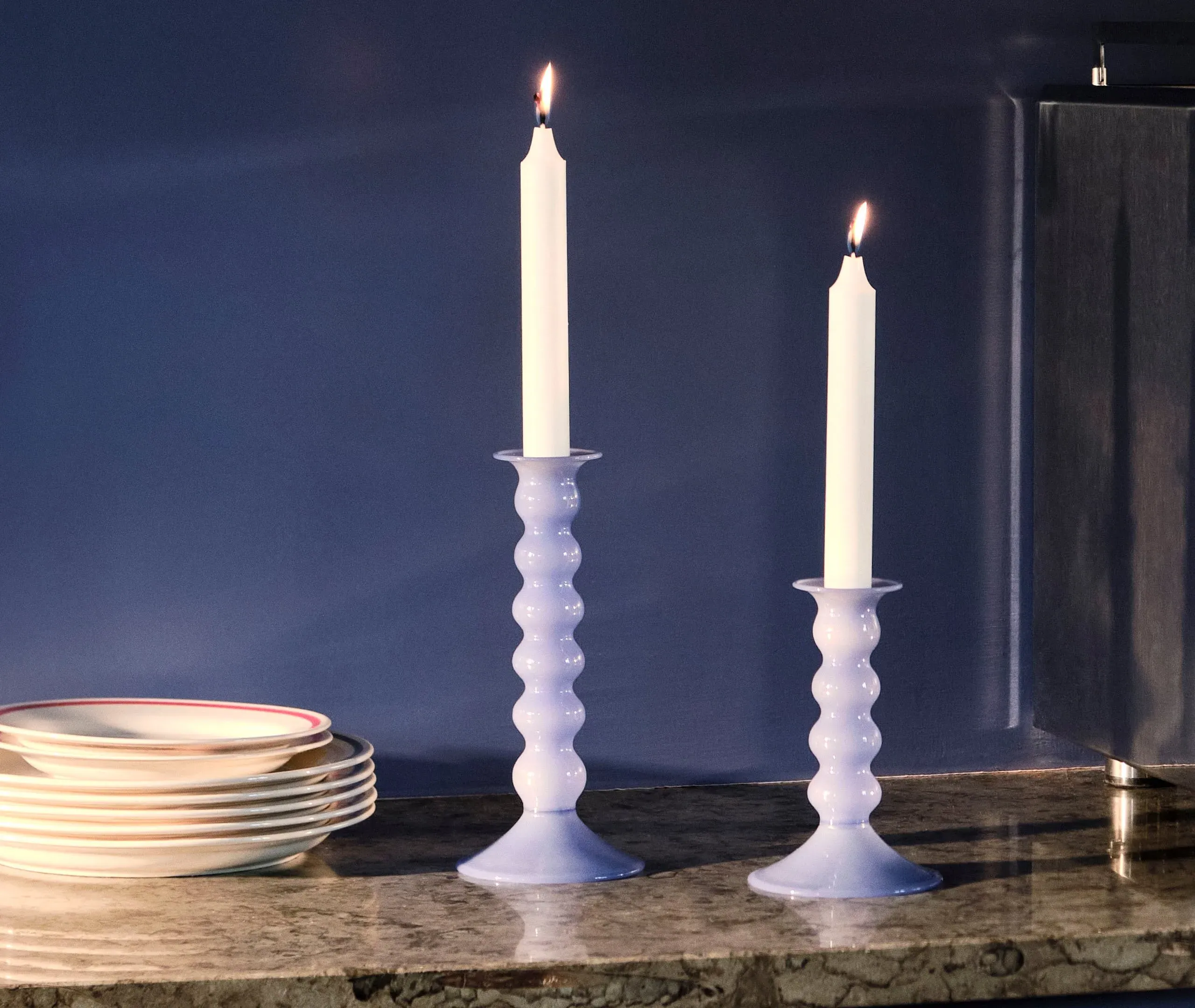 Medium Candleholder Wavy Design - Light Blue Glass