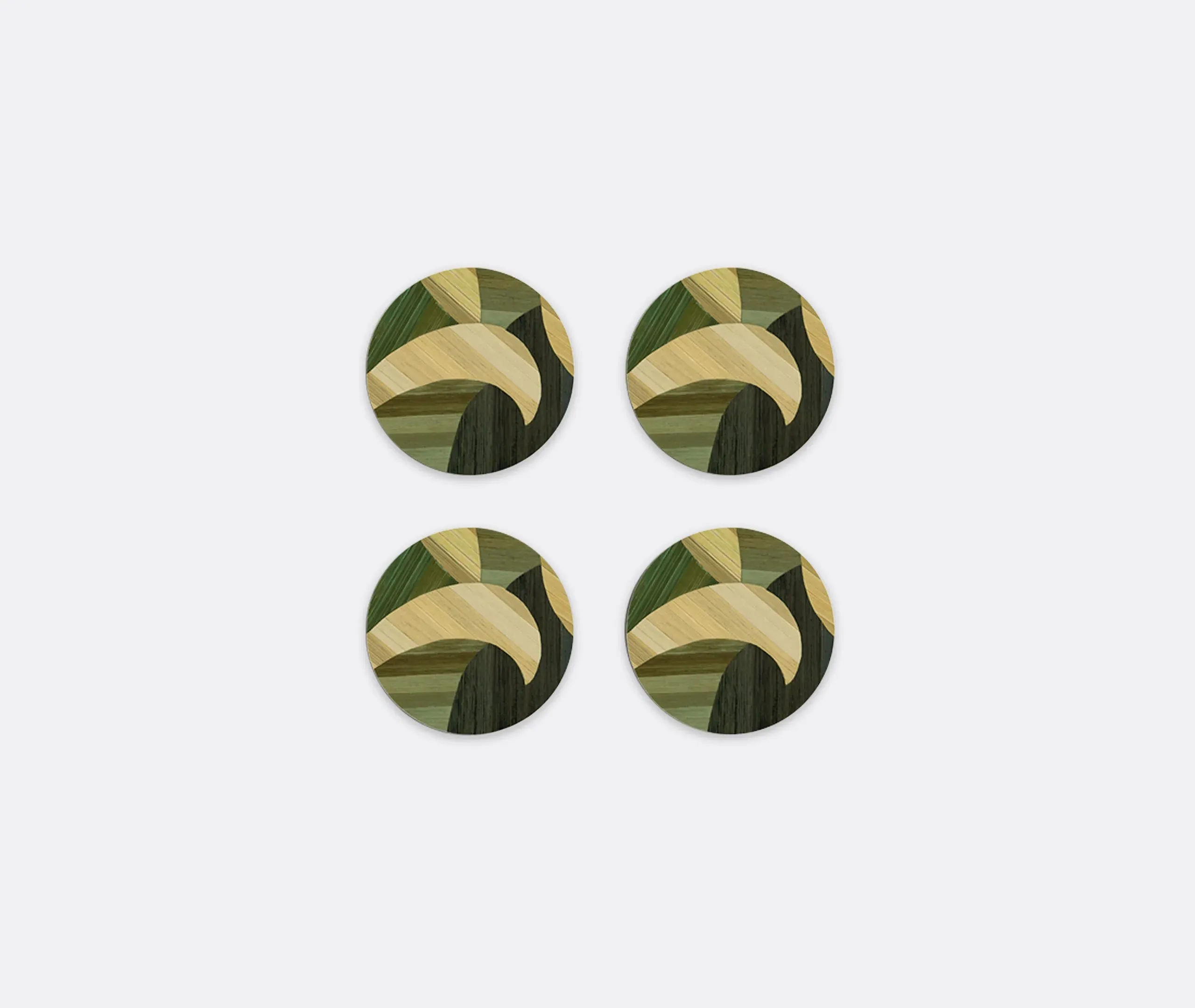 Round Coaster Set with Tropical Pattern - Green, Wood