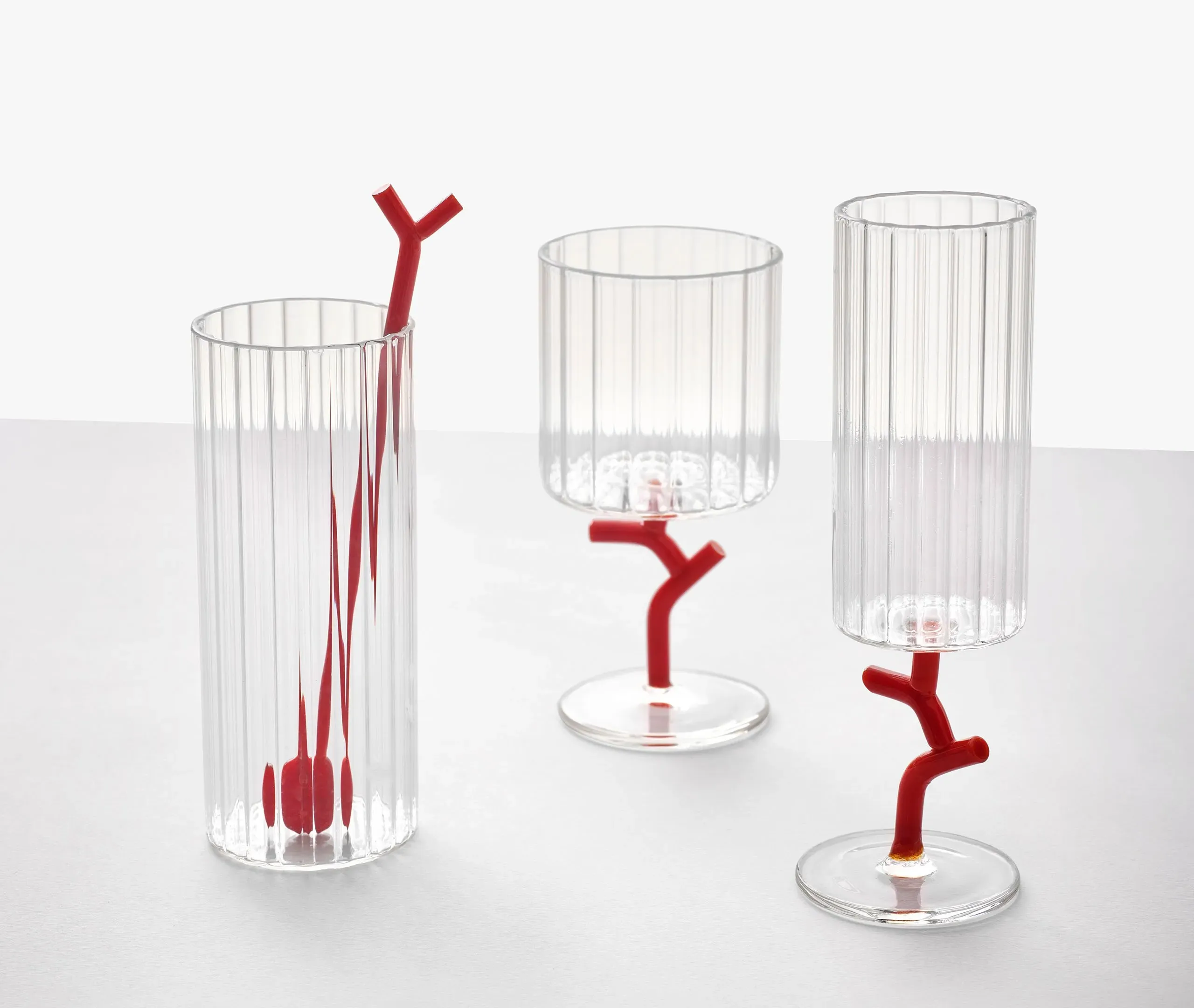 6-Piece Flute Set with Angular Stems - Coral Glass
