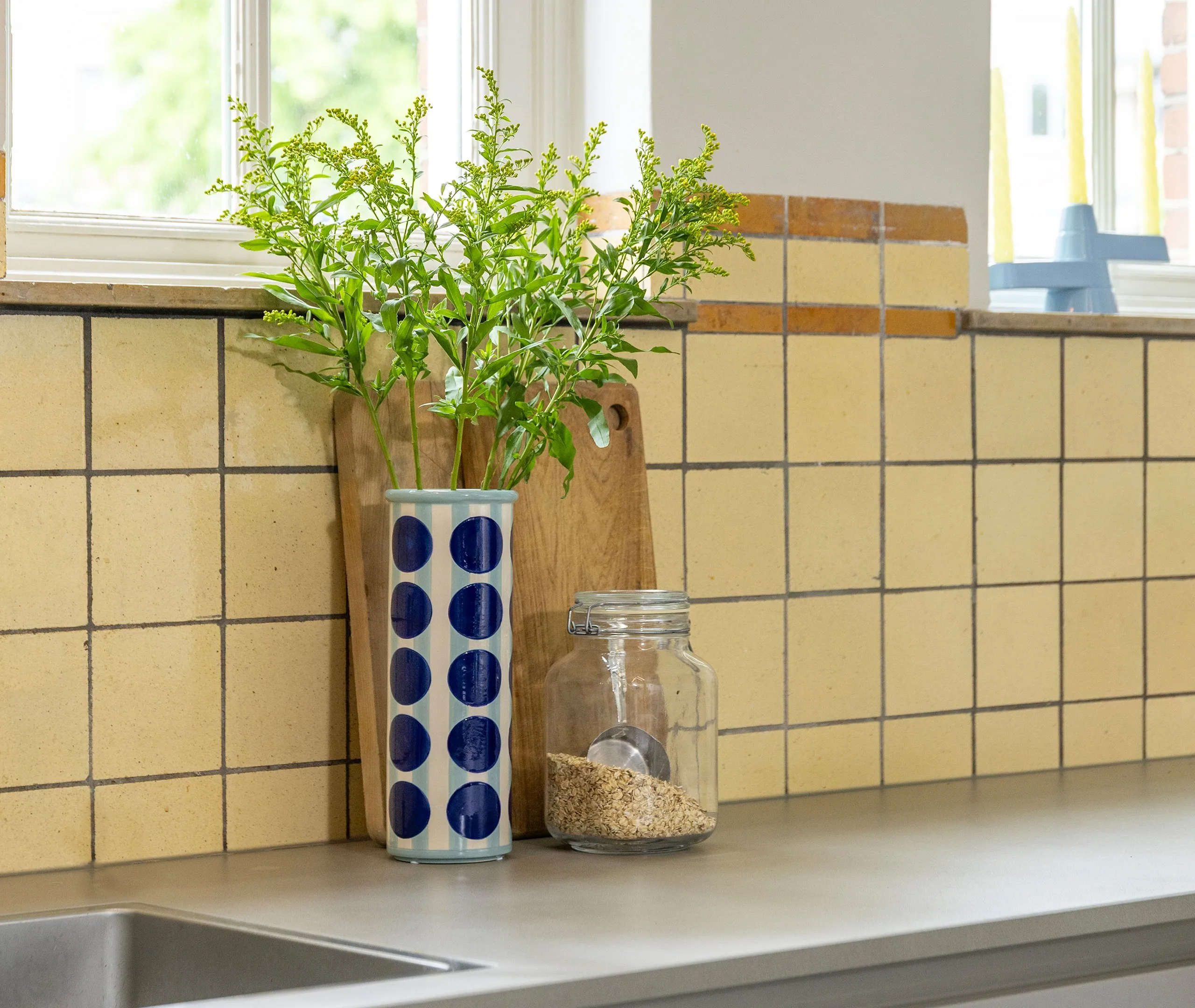 Cylindrical Vase with Hand-Painted Design - Multicolour, Stoneware