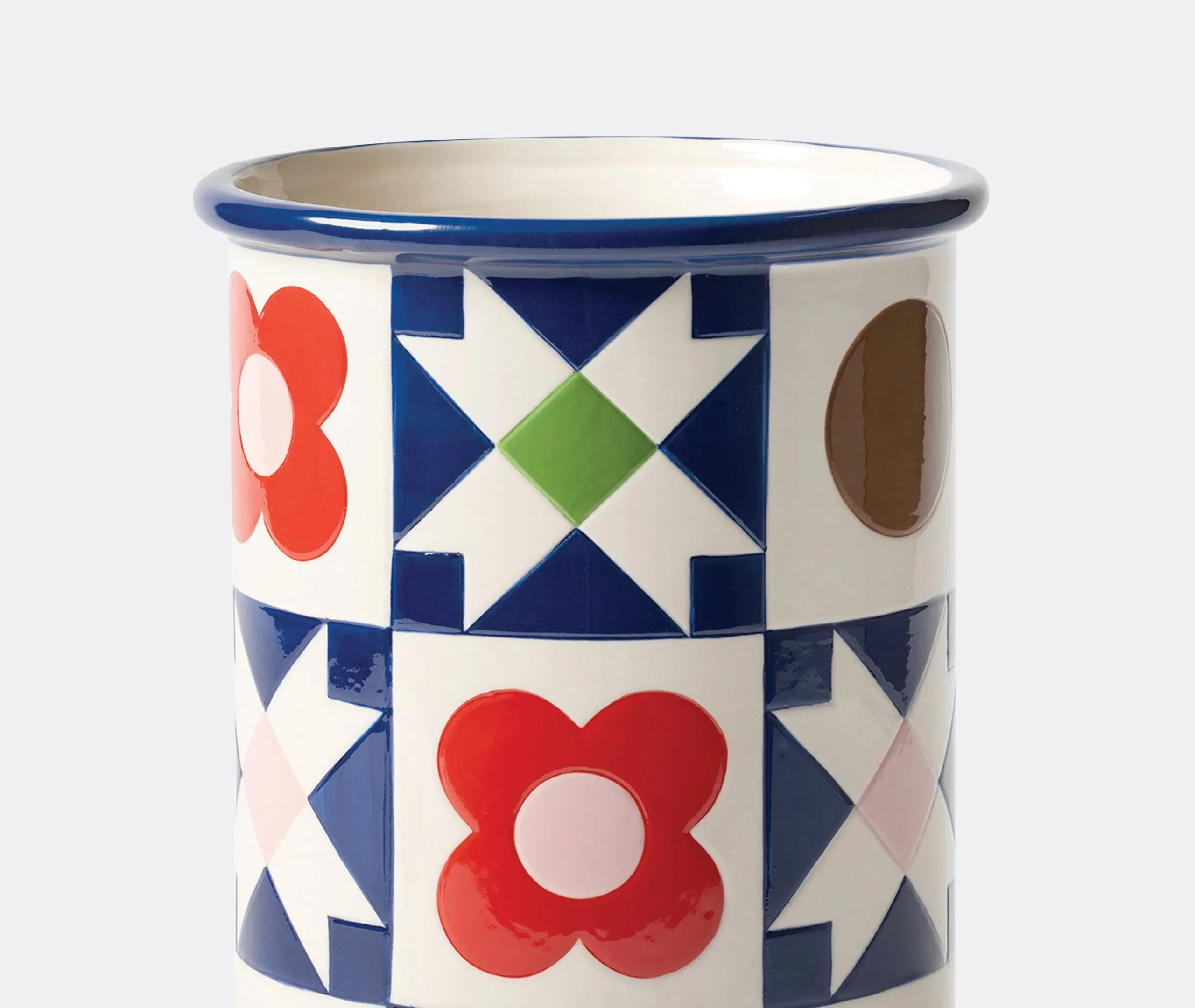 Cylindrical Vase with Quilt Pattern - Multicolour, Stoneware