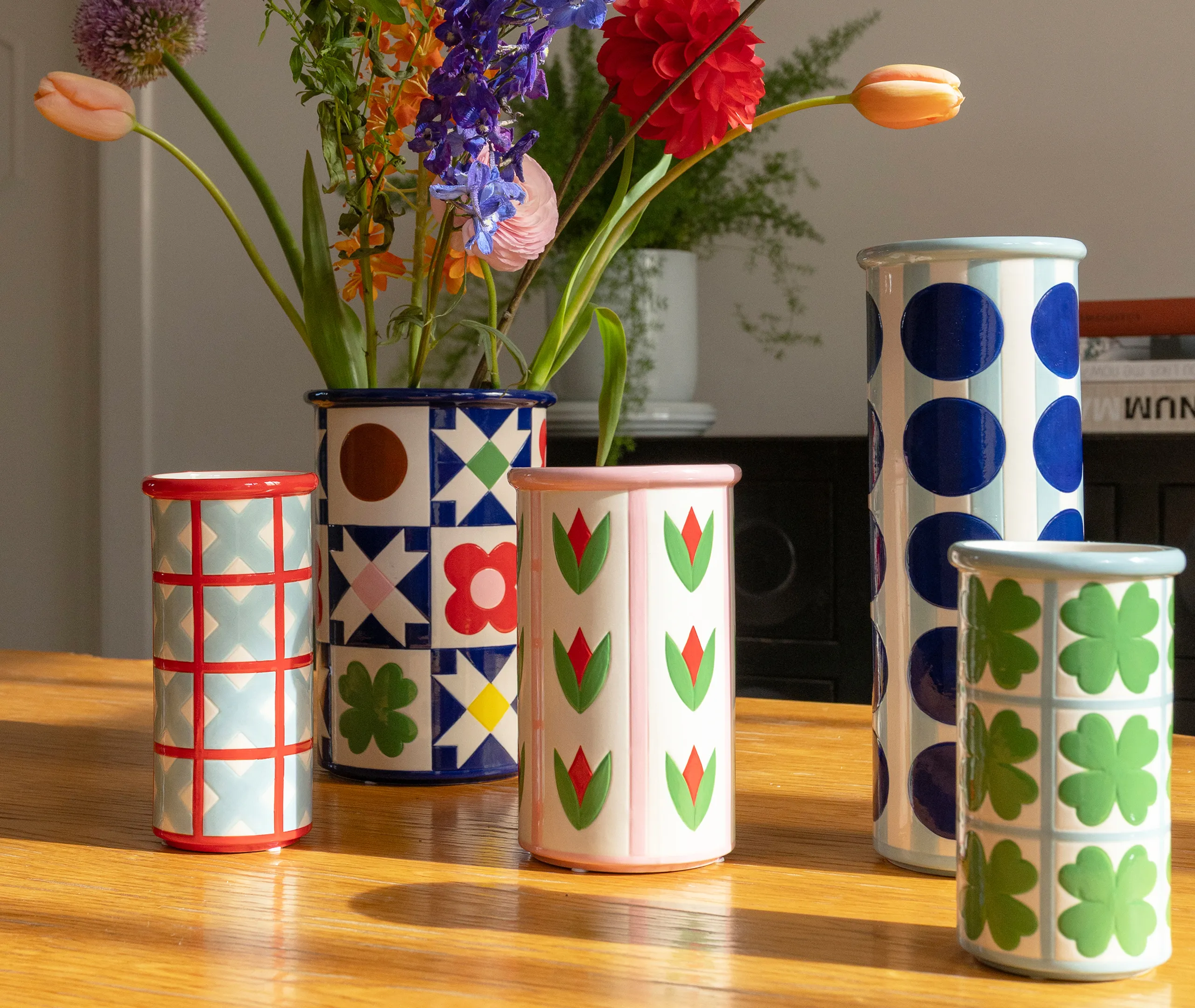 Cylindrical Vase with Quilt Pattern - Multicolour, Stoneware