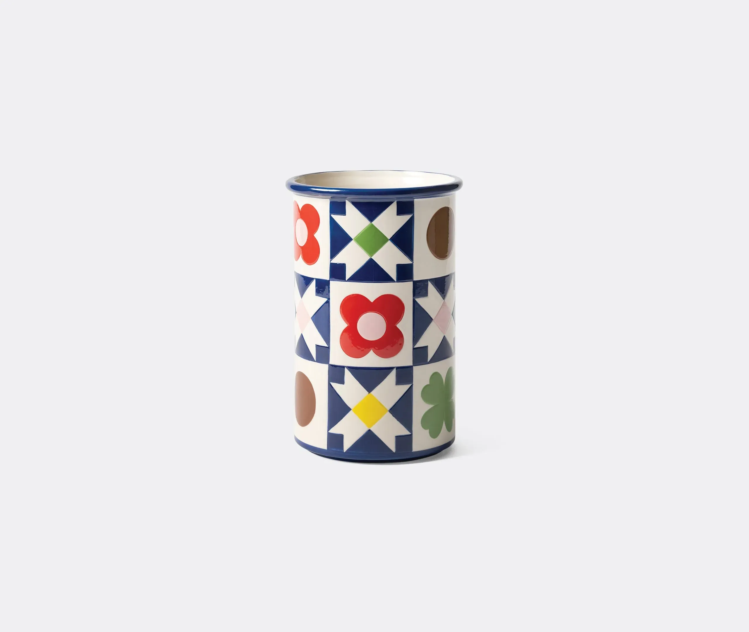 Cylindrical Vase with Quilt Pattern - Multicolour, Stoneware