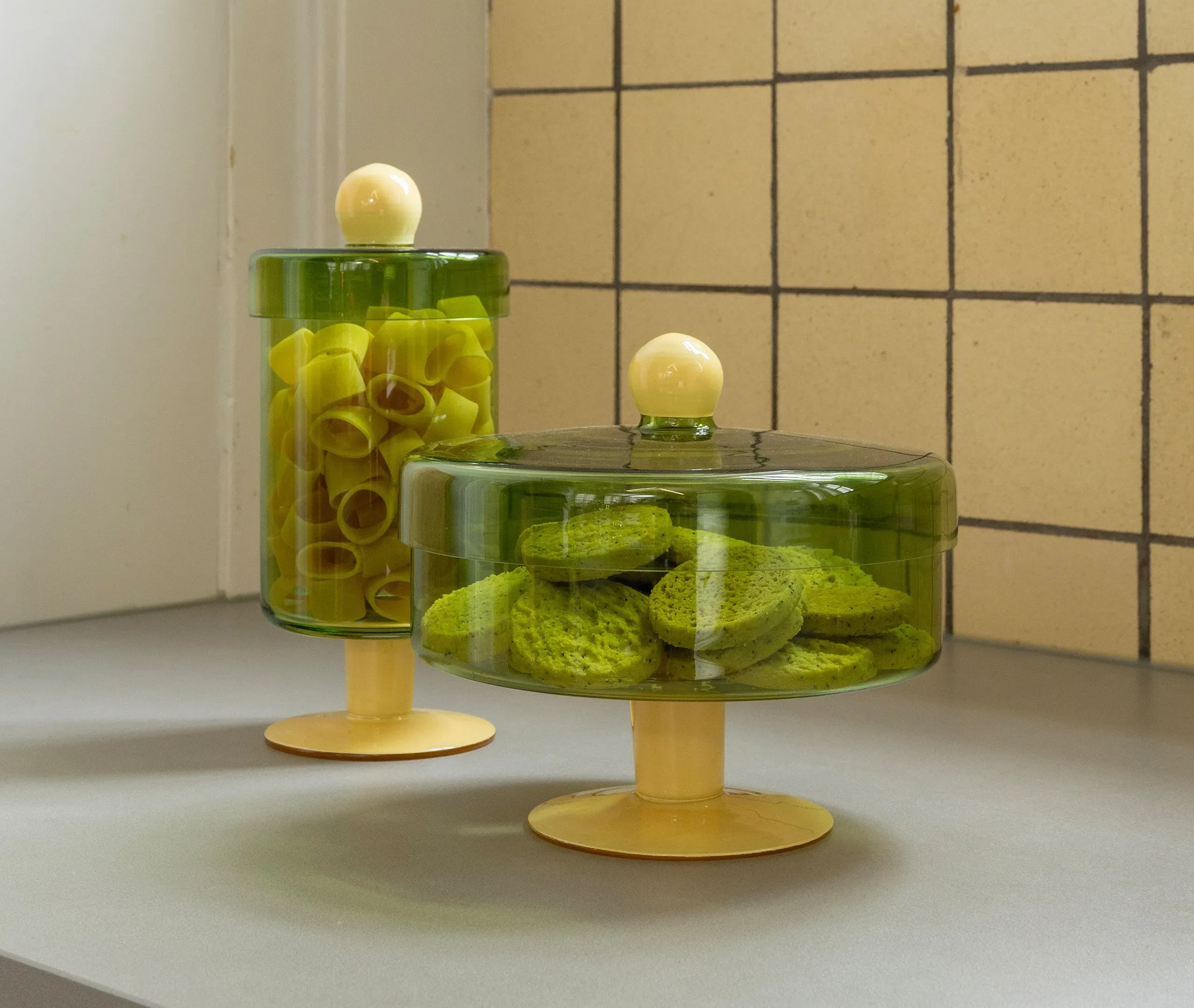 Round Lidded Jar with Handle - Green, Glass