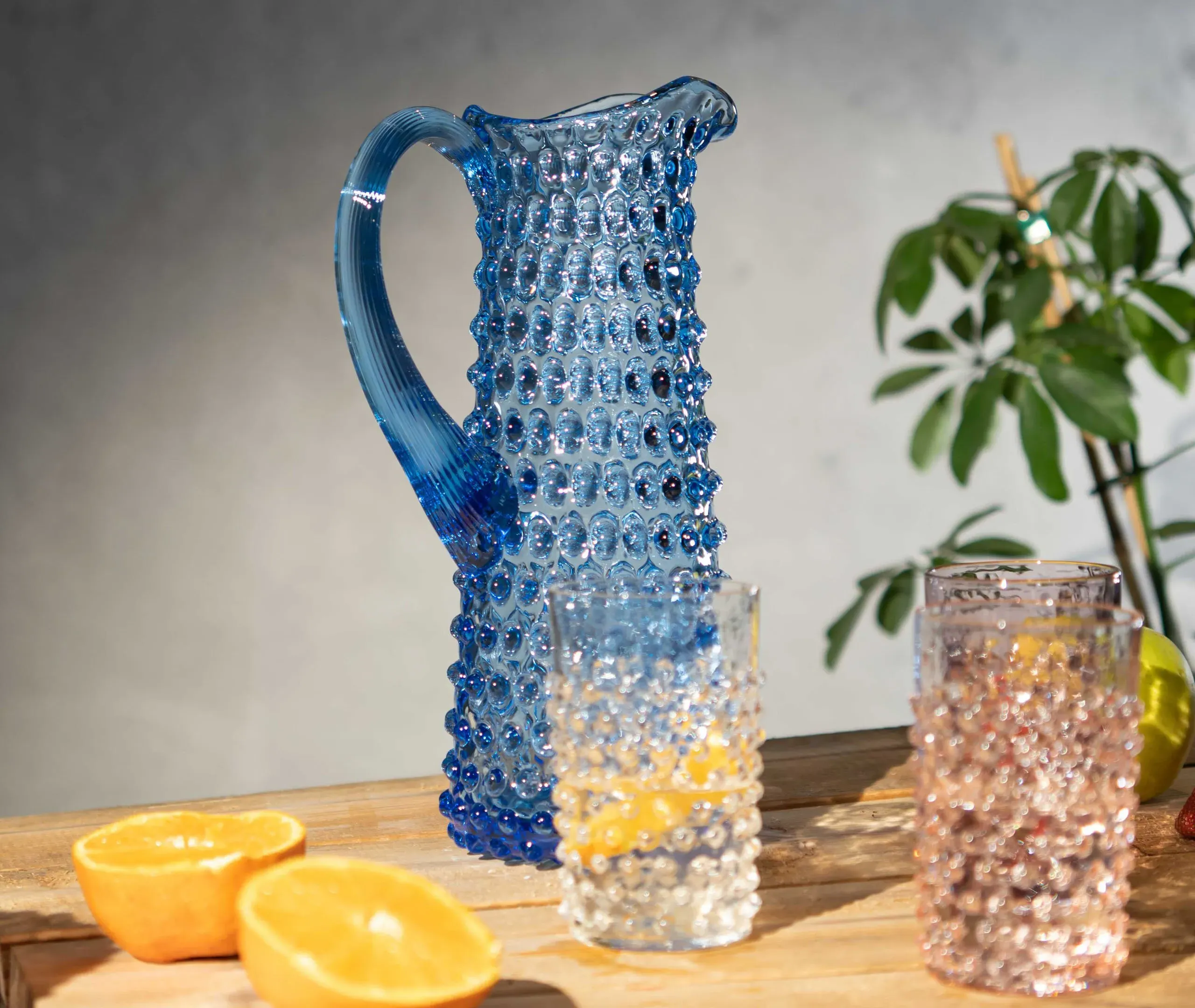 Tall Hobnail Jug - Light Blue, Crystal Glass