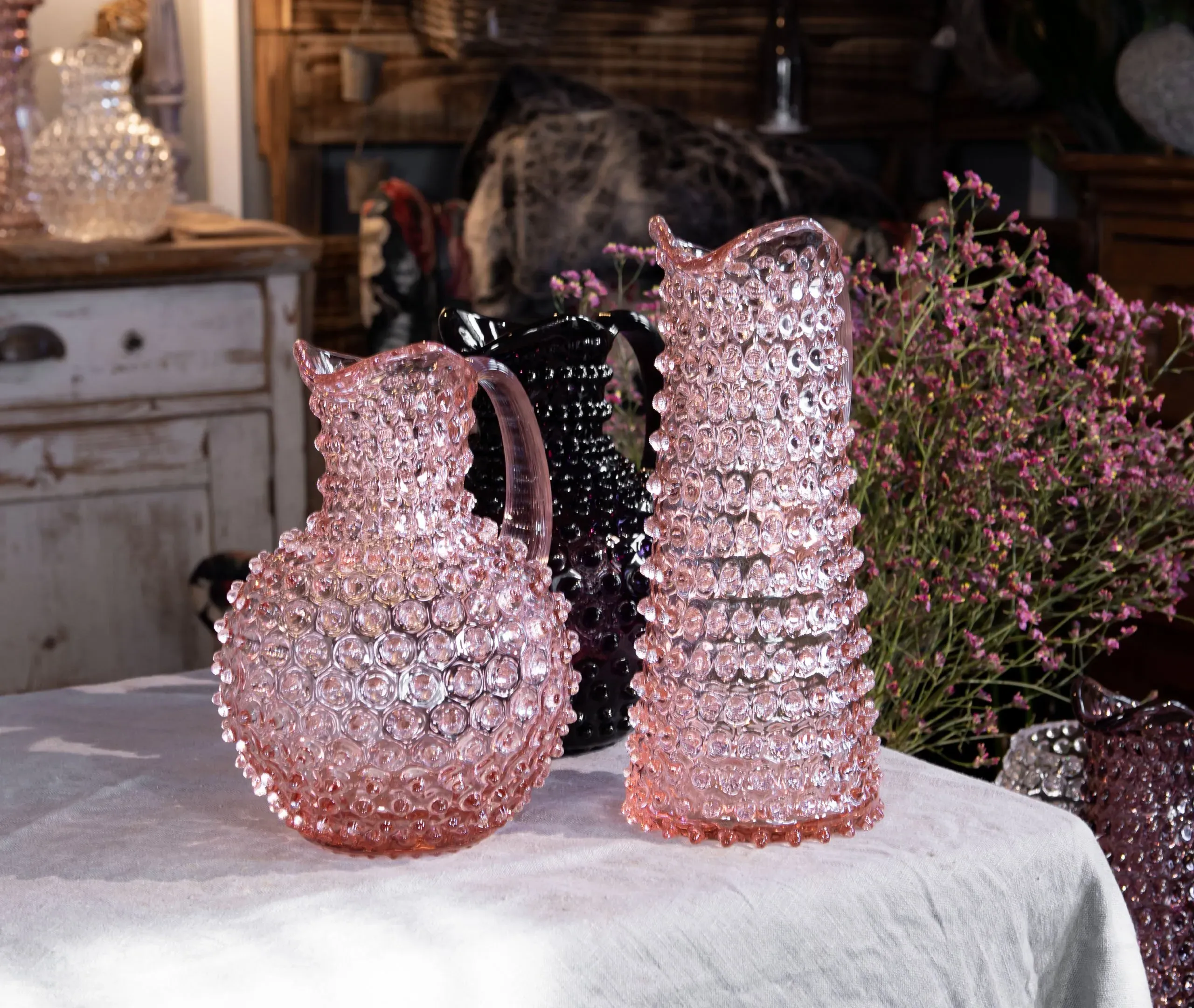 Tall Hobnail Jug with Texture - Pink, Crystal