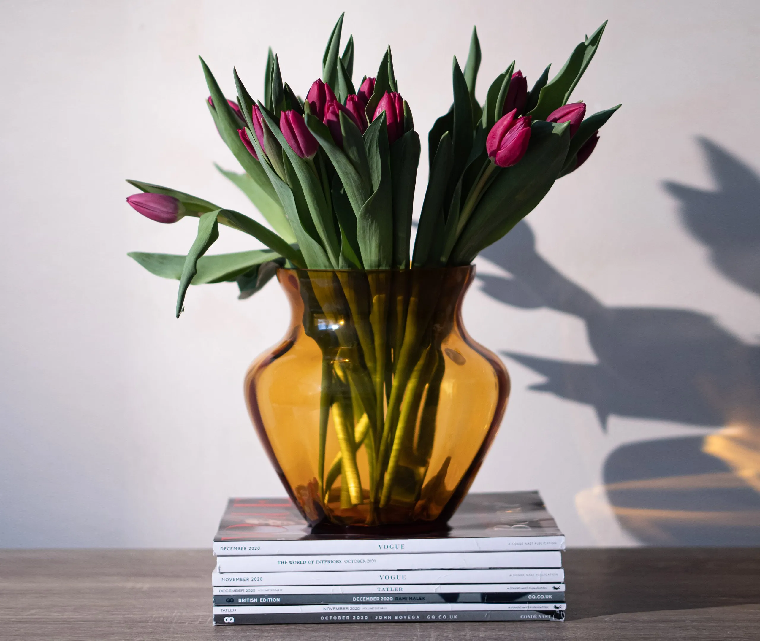 Textured Vase with Curved Design - Amber, Glass