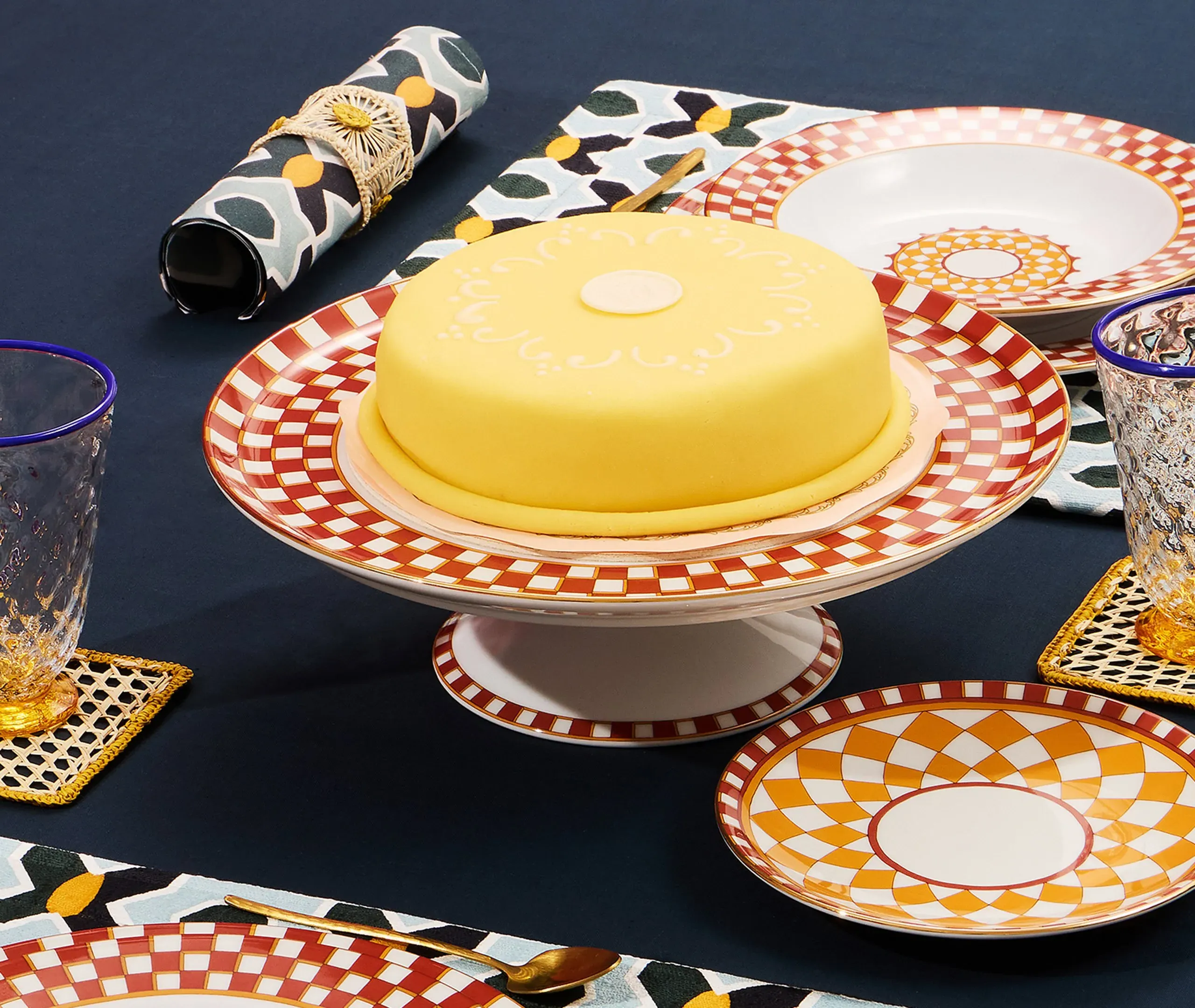 Cake Stand with Gold Trim - Multicolor, Porcelain