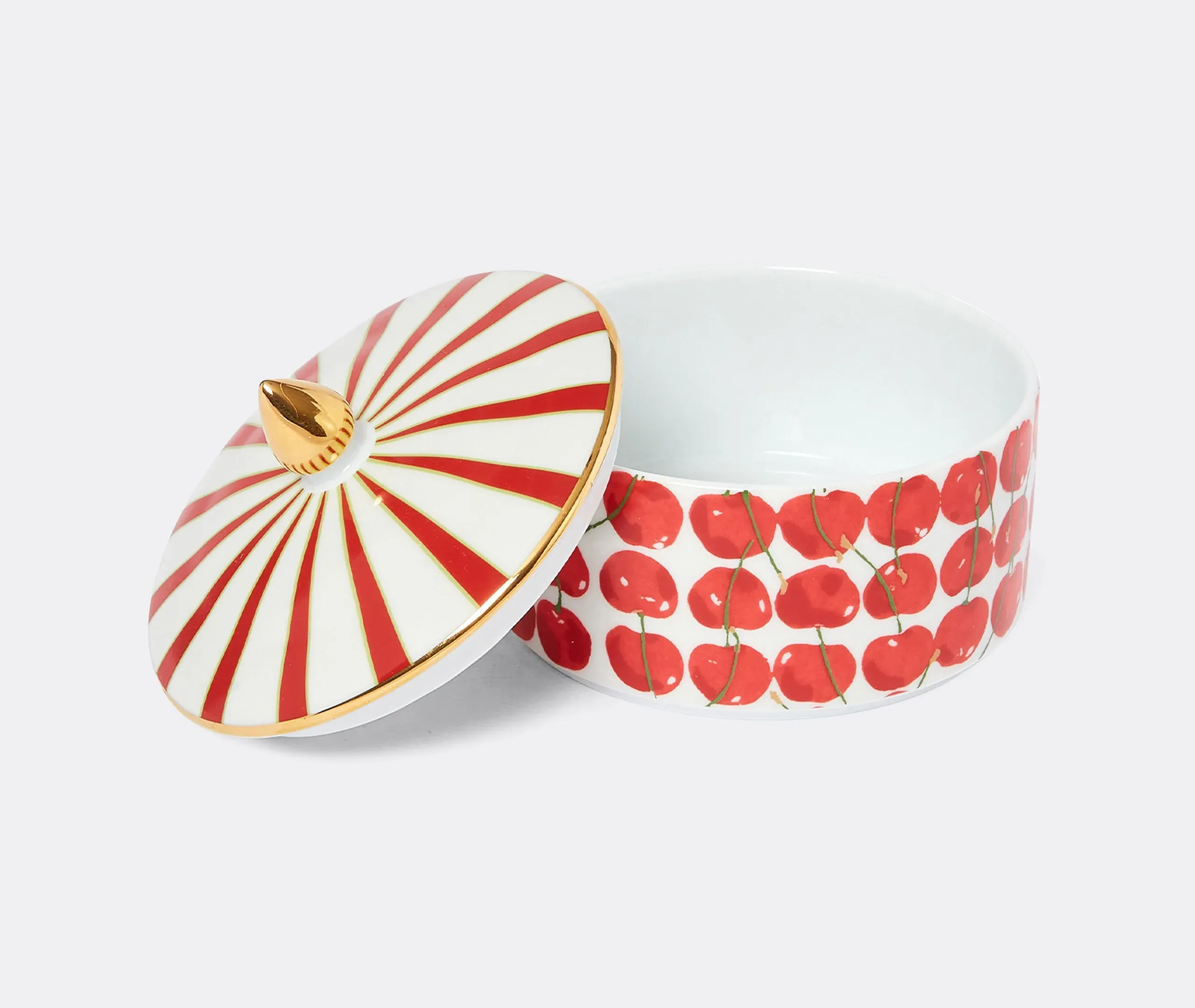 Cherries Goodie Jar with Gold Finial - Ivory, Porcelain