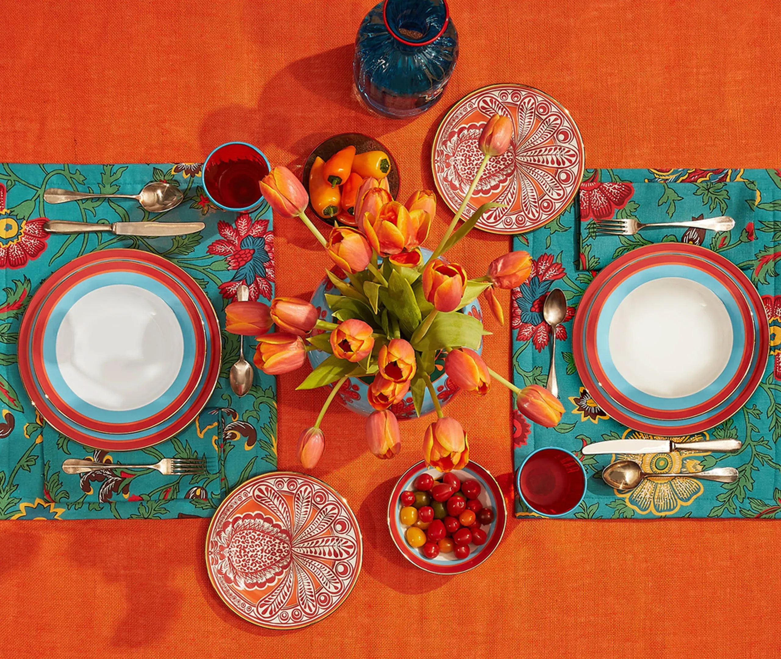 Dragon Flower Tablemats Set of Two - Turquoise, Linen