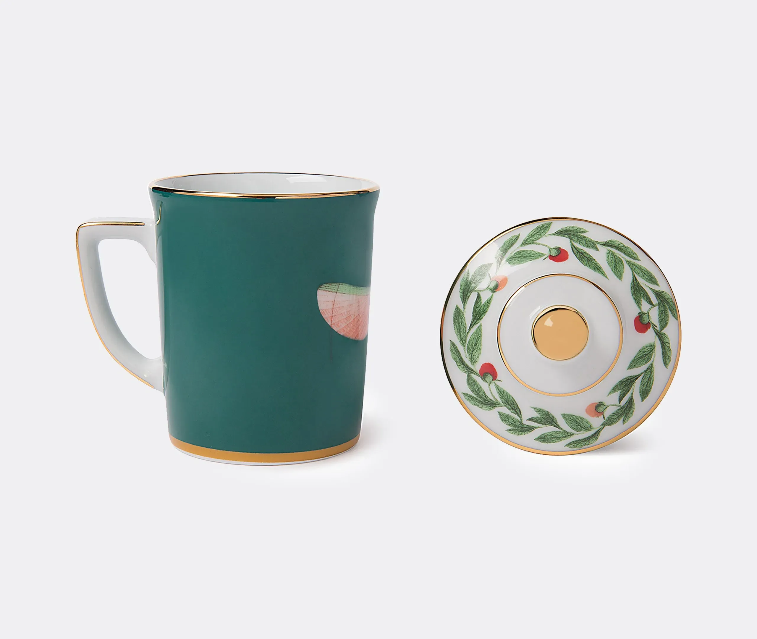 Lidded Mug with Gold Trim - Multicolor, Porcelain