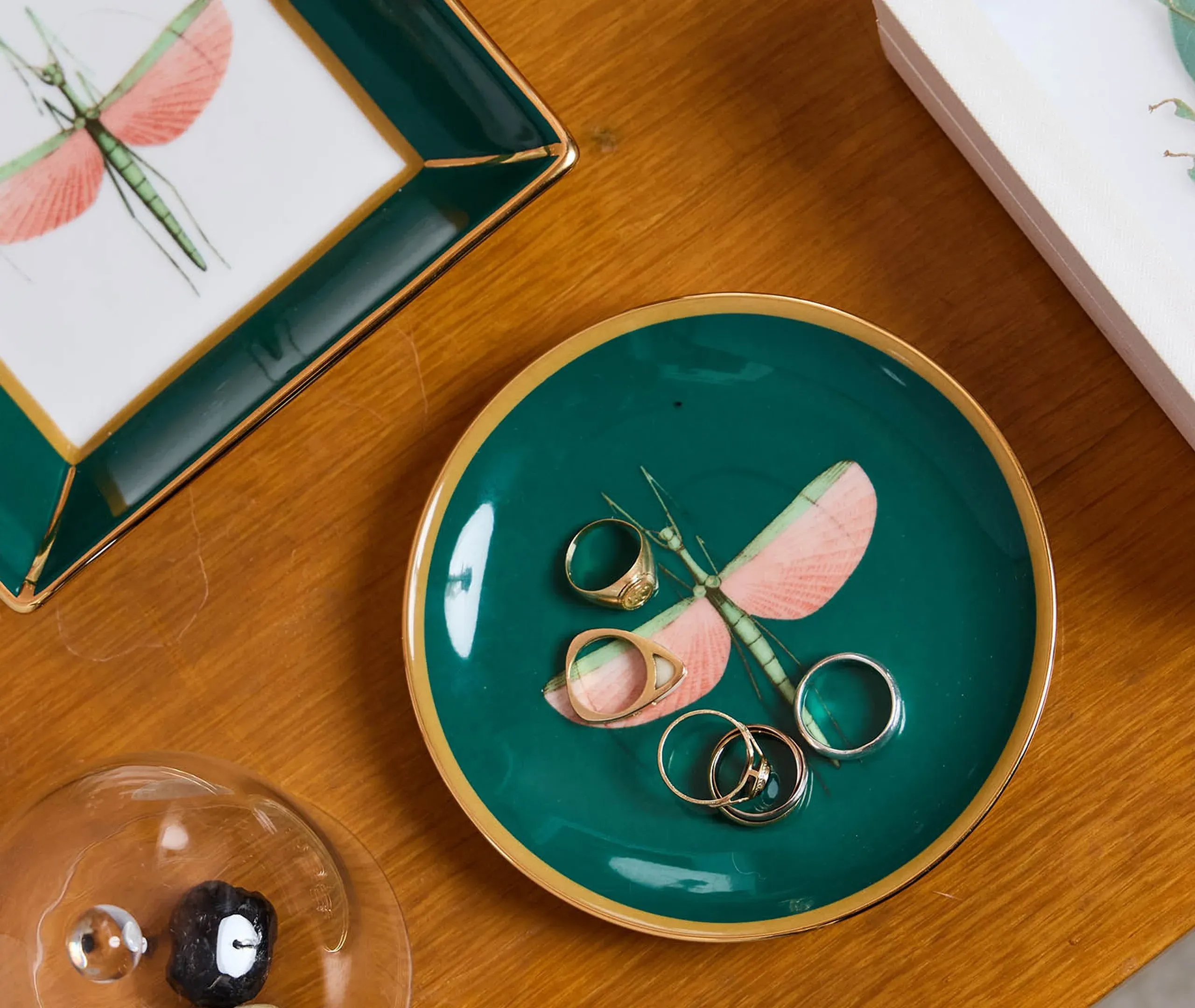Mini Plate Set with Dragonfly Design - Green, Porcelain
