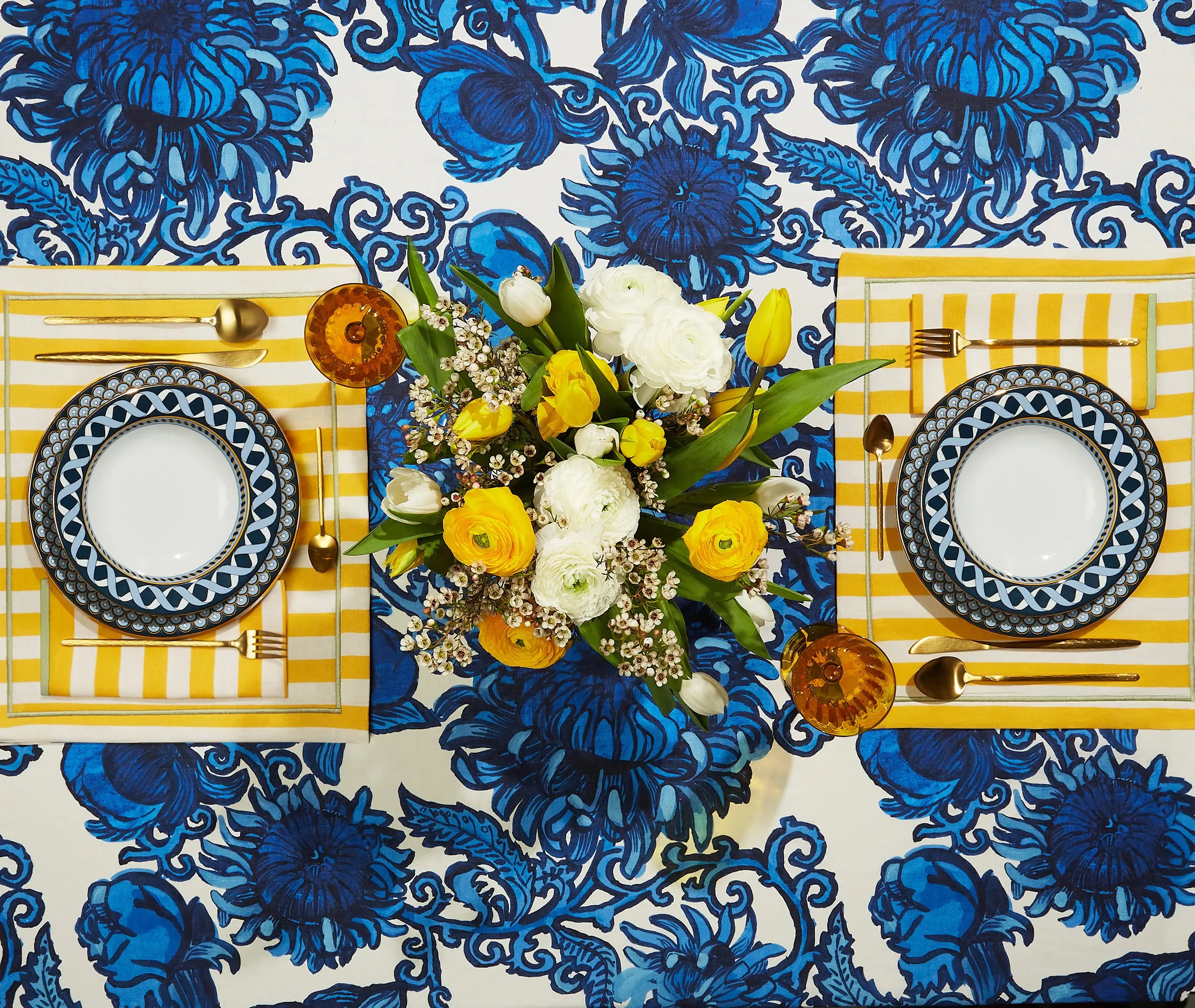 Odysseus Soup Plate Set of Two with Gold Rim - Blue, Porcelain