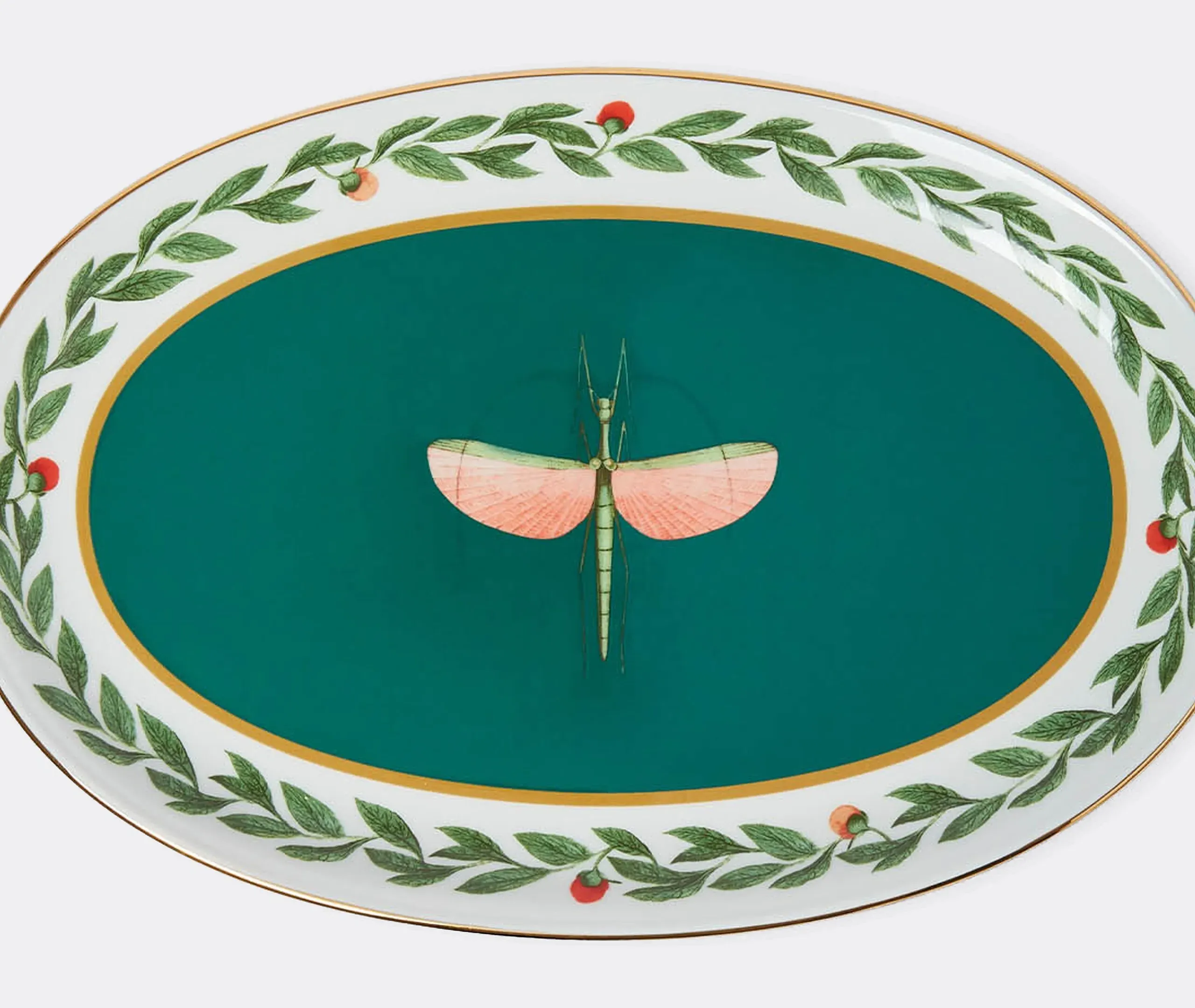Oval Platter with Dragonfly Design - Green, Porcelain