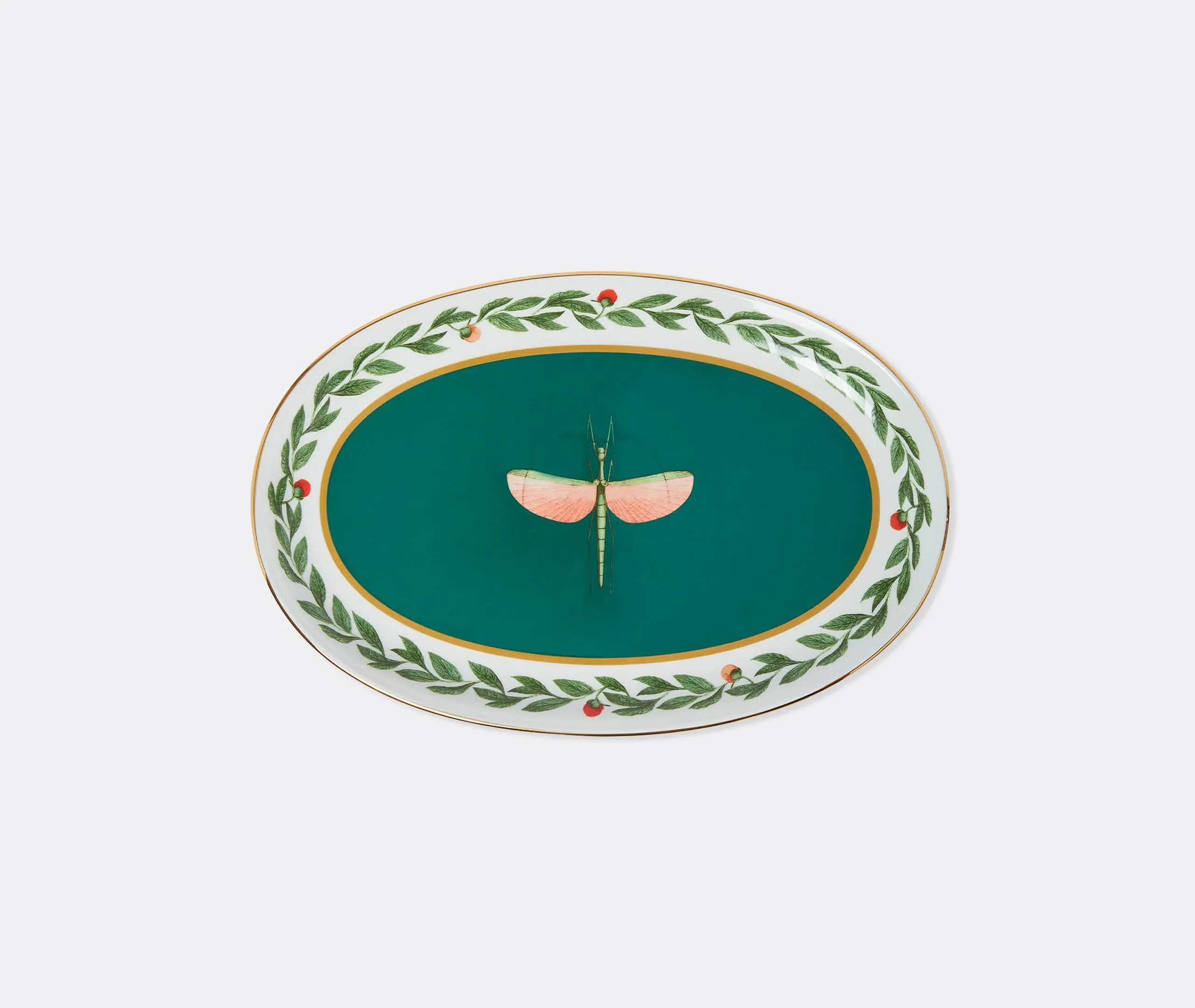 Oval Platter with Dragonfly Design - Green, Porcelain
