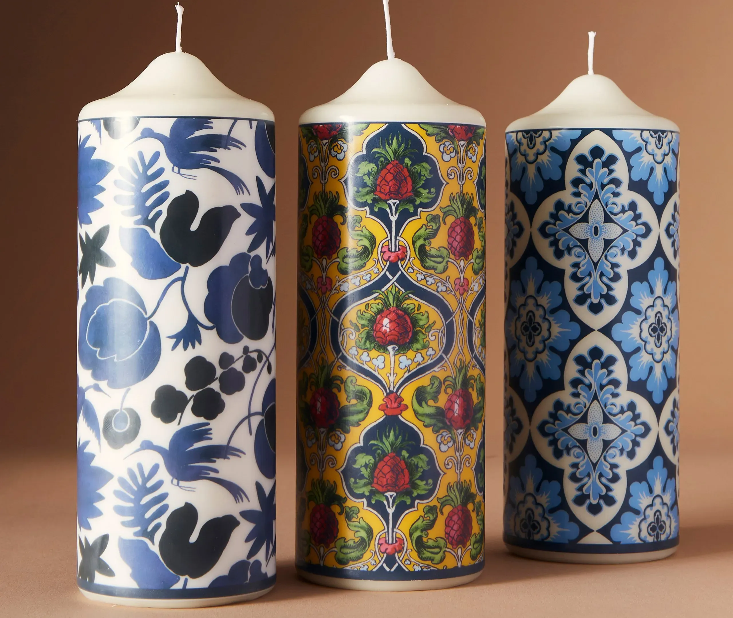 Pillar Candle with Quatrefoil Pattern - Blue, Wax