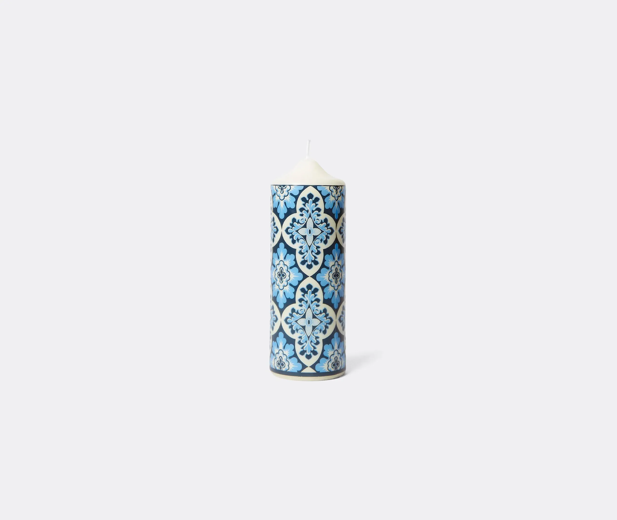 Pillar Candle with Quatrefoil Pattern - Blue, Wax