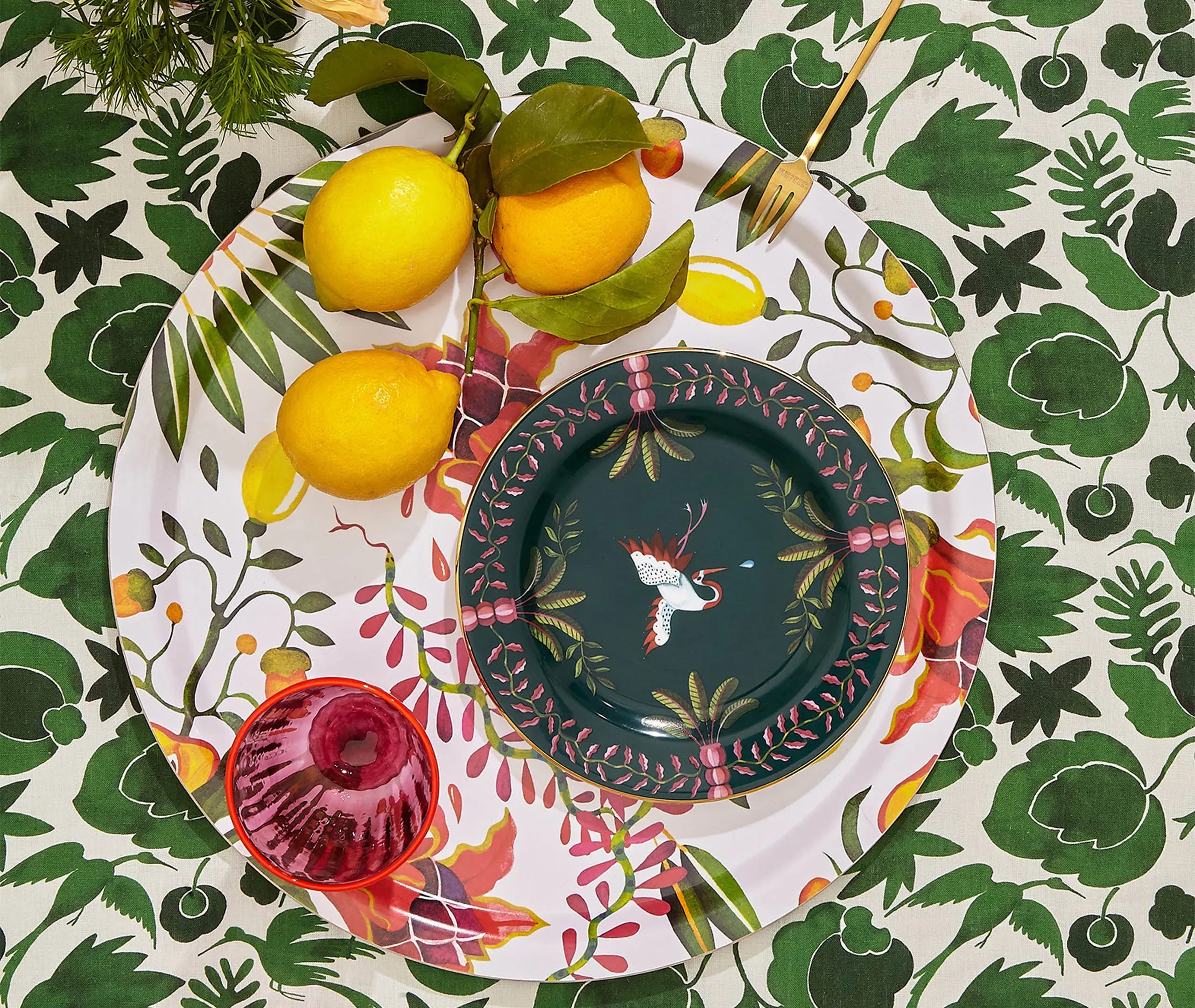 Set of 2 Dessert Plates with Egret - Multicolor
