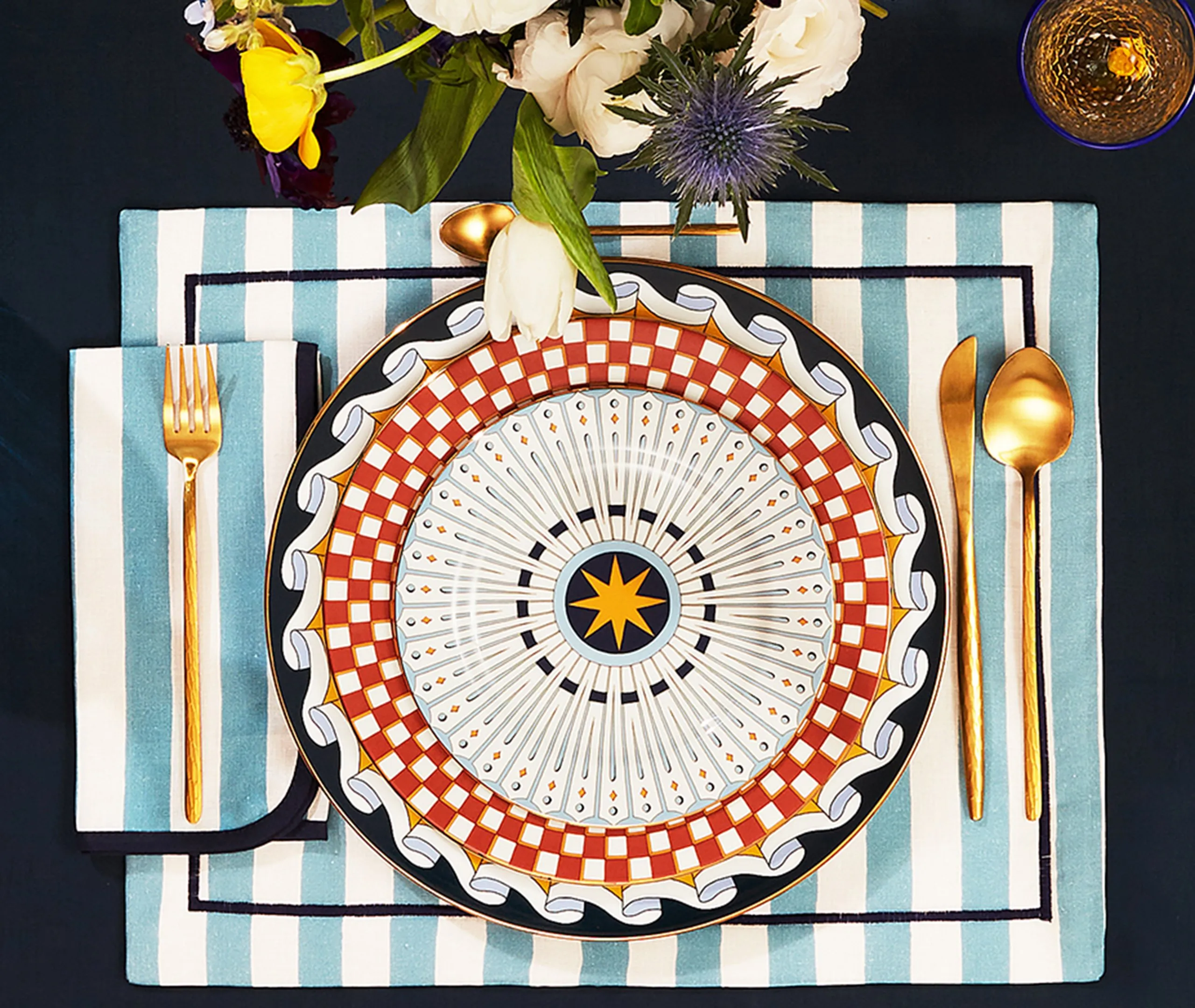 Set of 2 Dessert Plates with Sun Design - Blue
