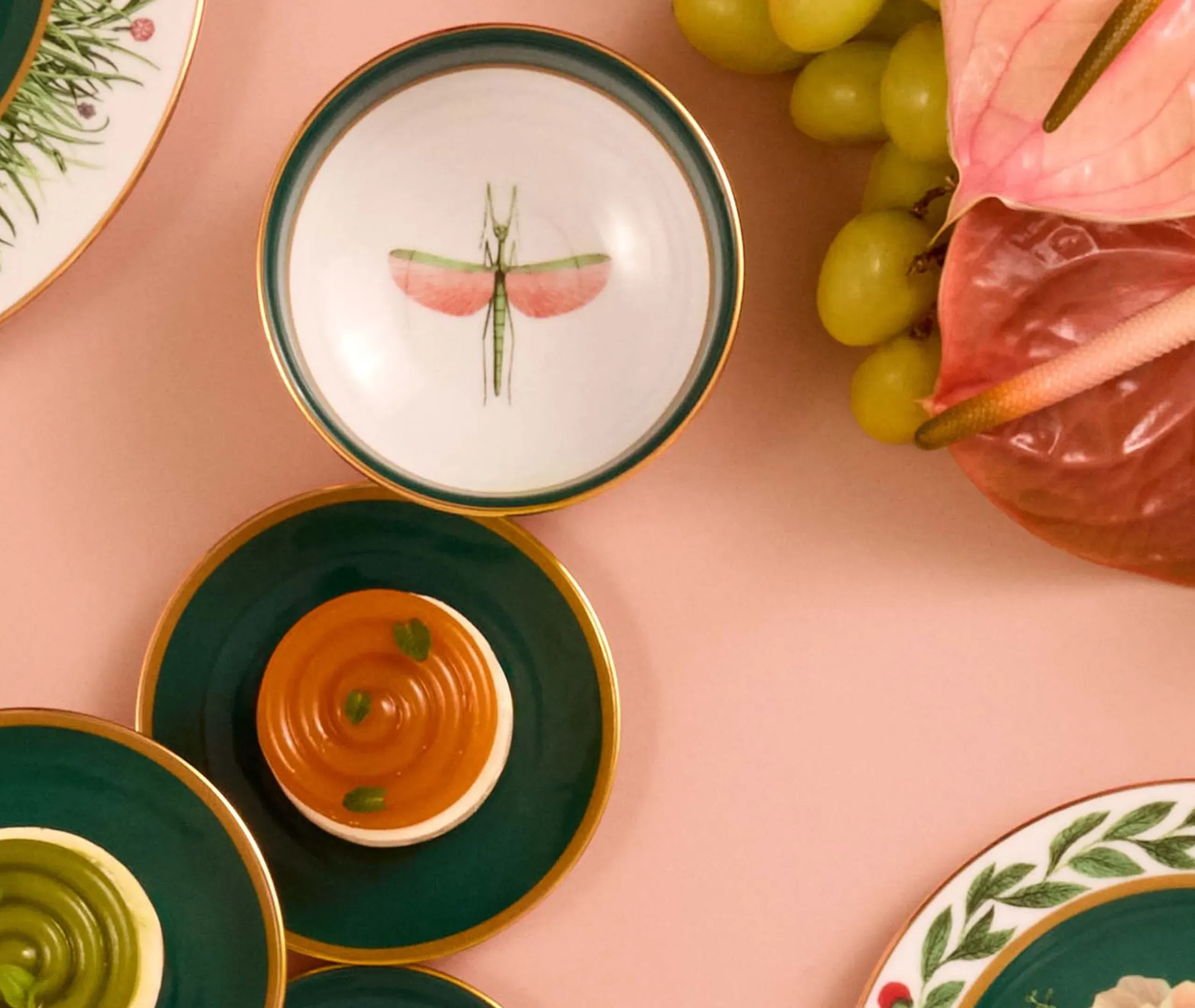 Snack Bowl Set with Dragonfly - Green, Porcelain