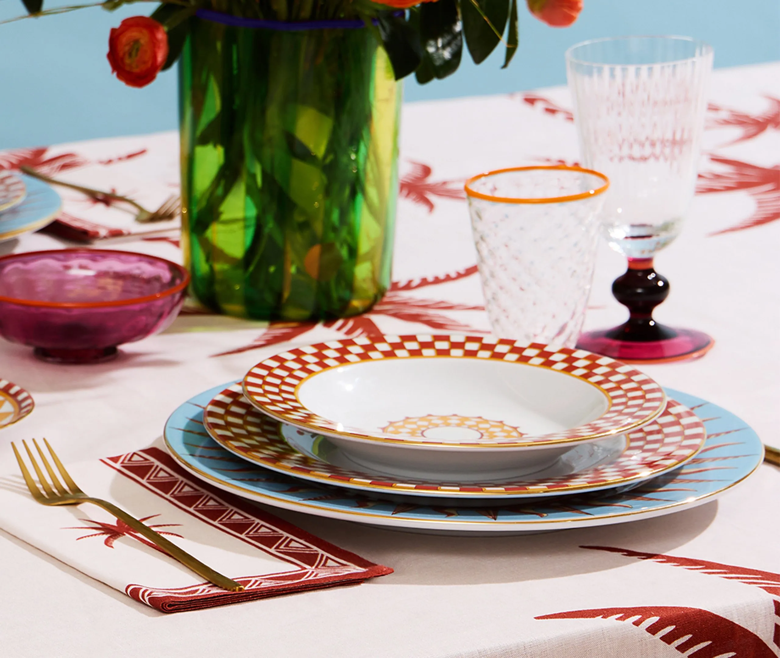 Soup Plate Set of 2 with Gold Trim - Multicolor