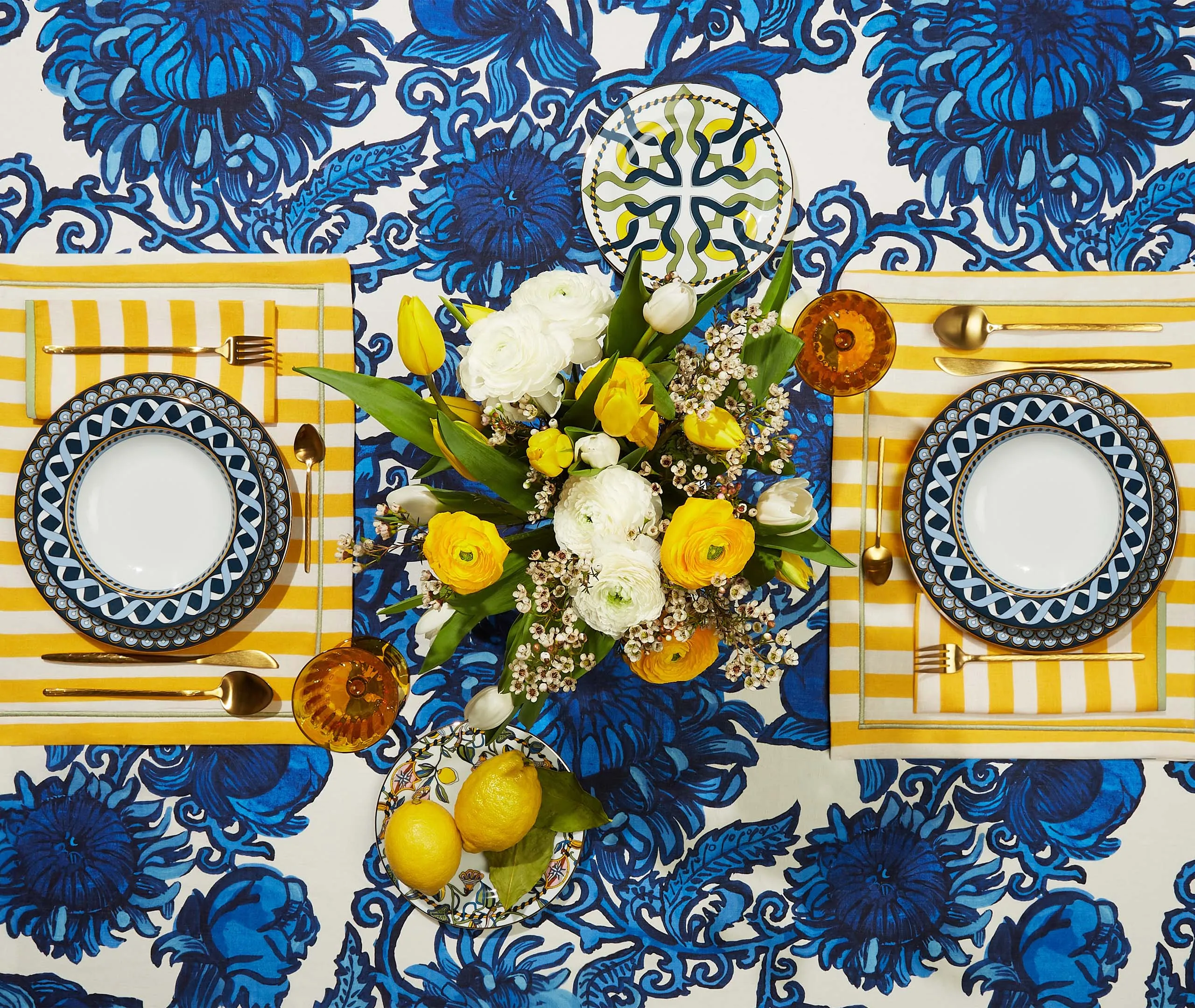 Table Mat Set of 2 with Padding - Yellow, Linen