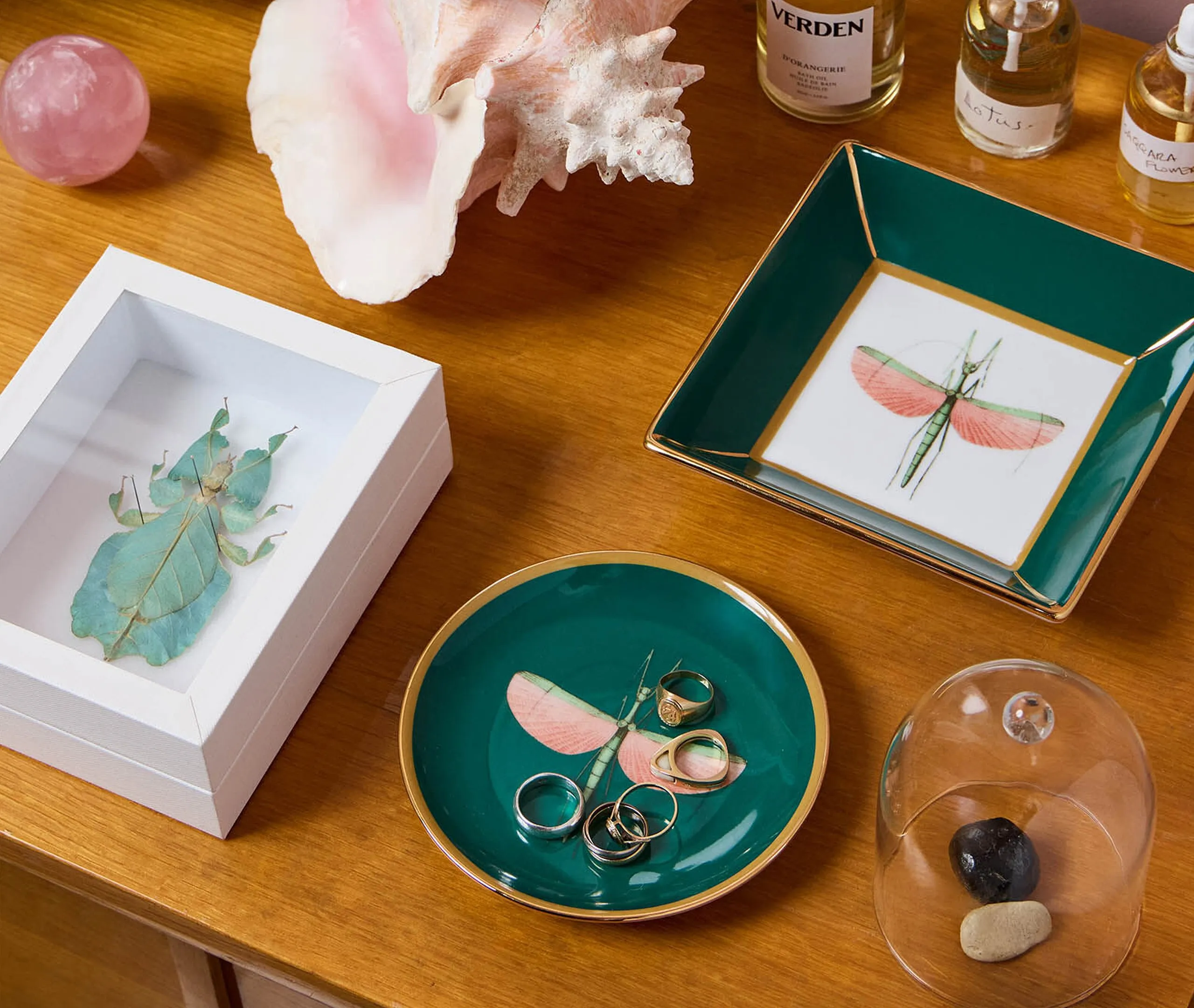 Trinket Tray with Dragonfly Design - Green, Porcelain