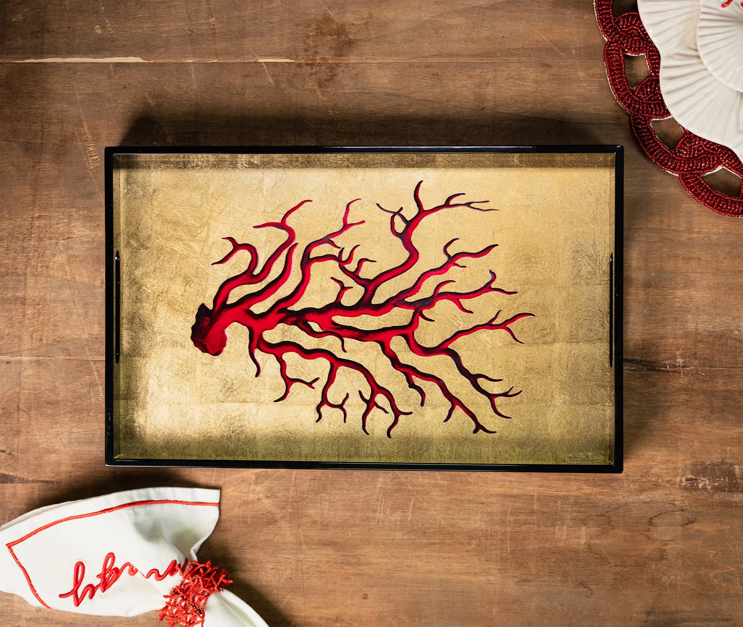 Coral Lacquered Tray - Multicolor