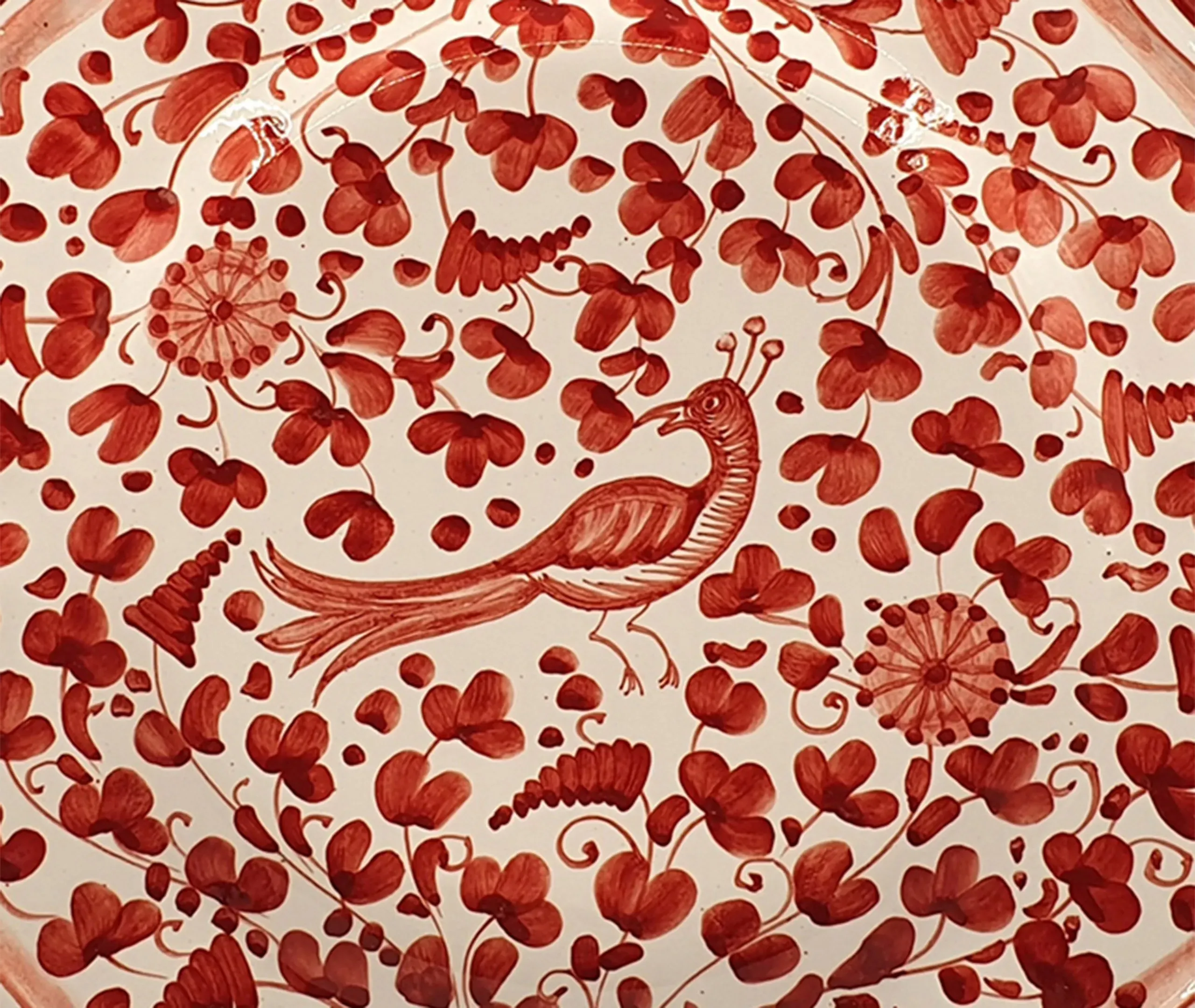 Dessert Plate Set with Peacock Motif - Red, Ceramic