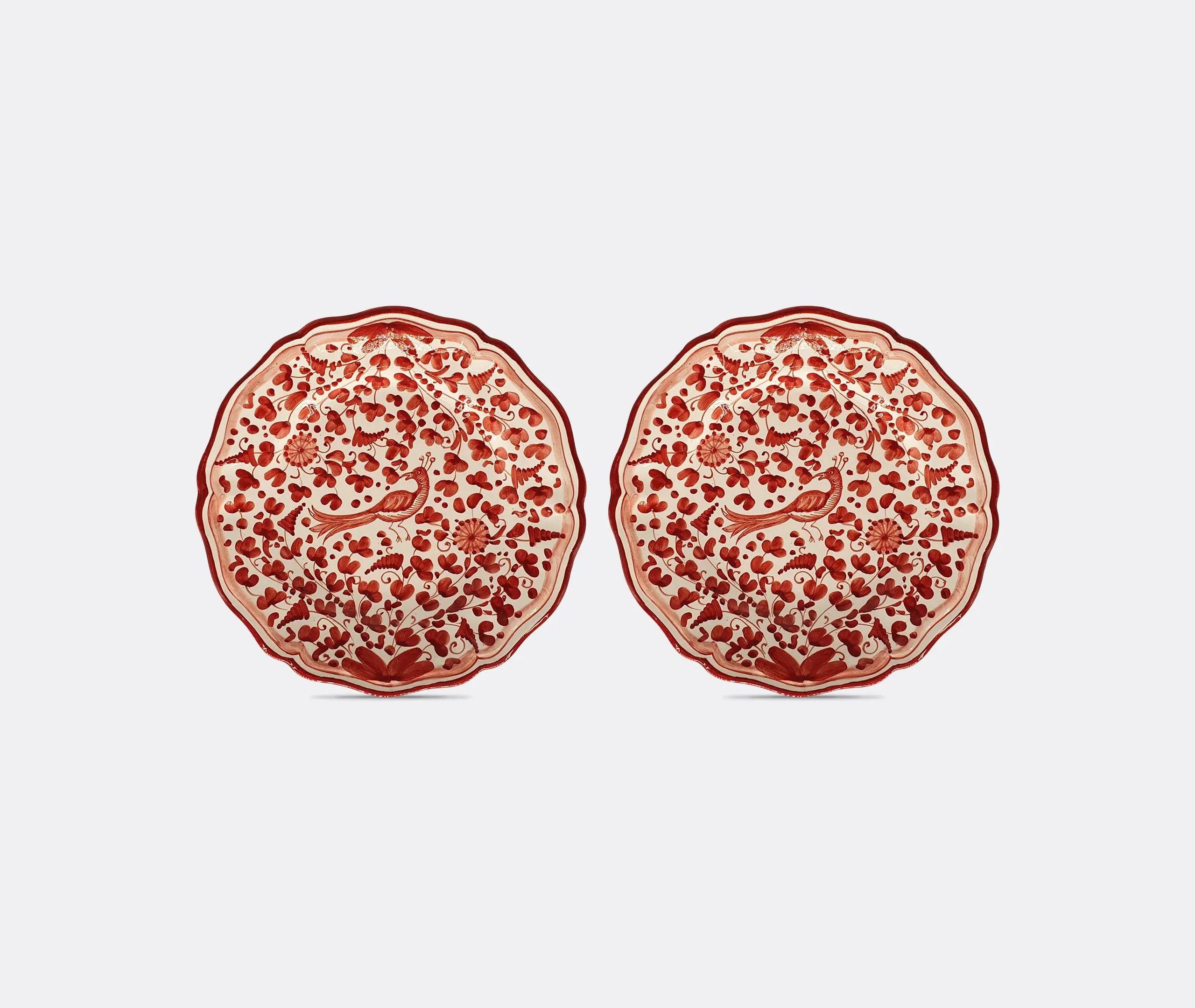 Dessert Plate Set with Peacock Motif - Red, Ceramic