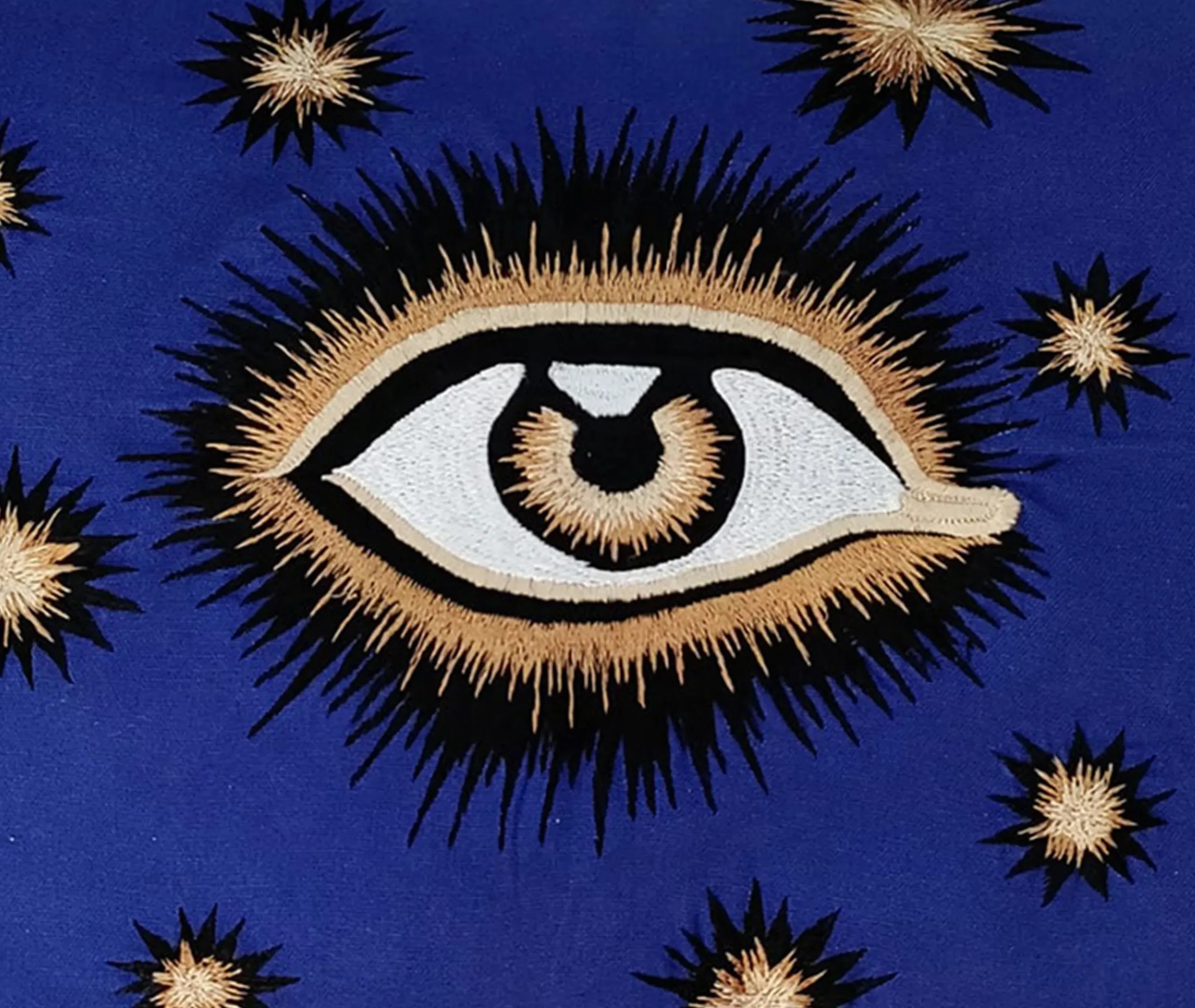 Embroidered Cushion with Eye Motif - Blue, Cotton