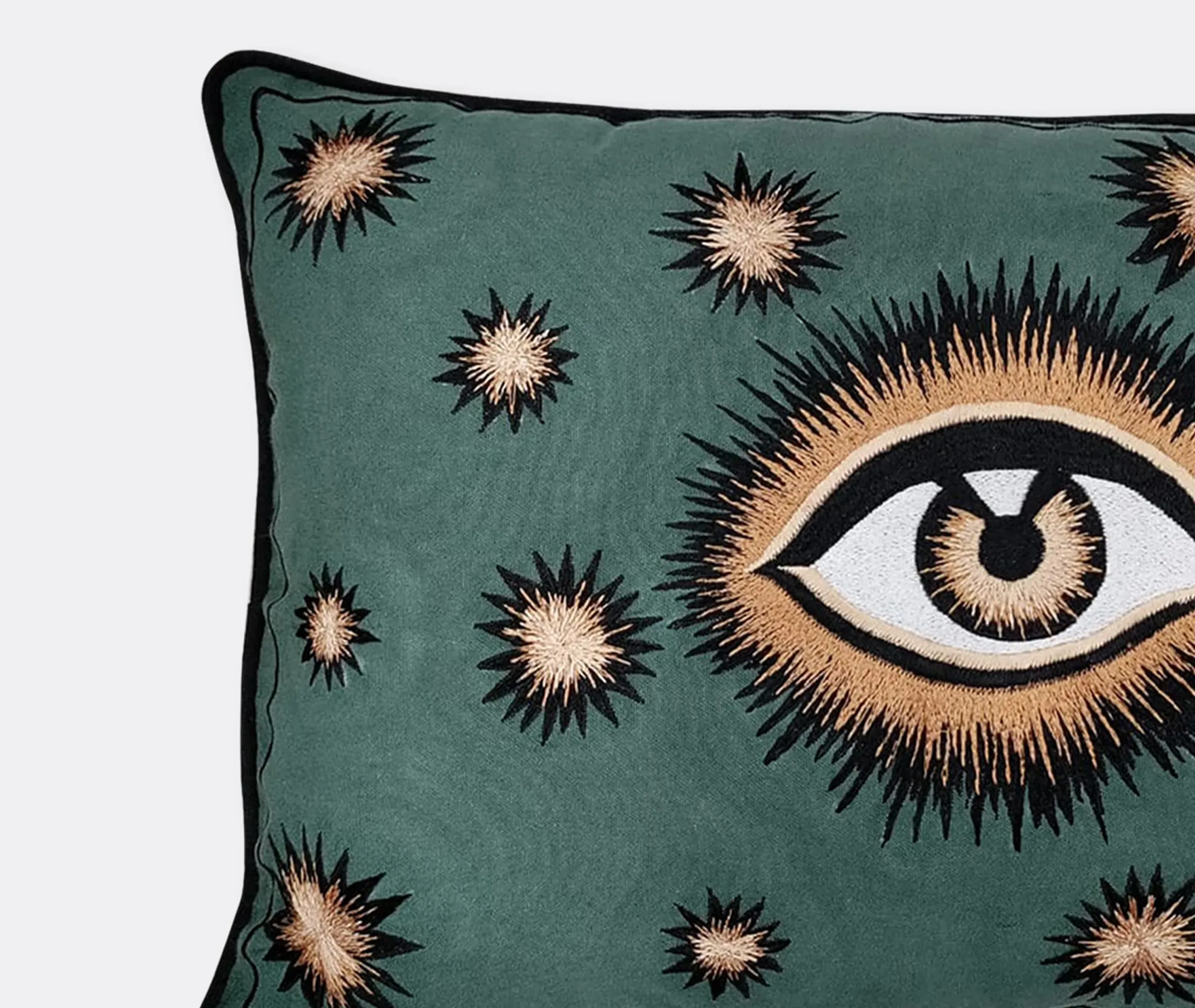 Embroidered Cushion with Eye Motif - Green, Cotton