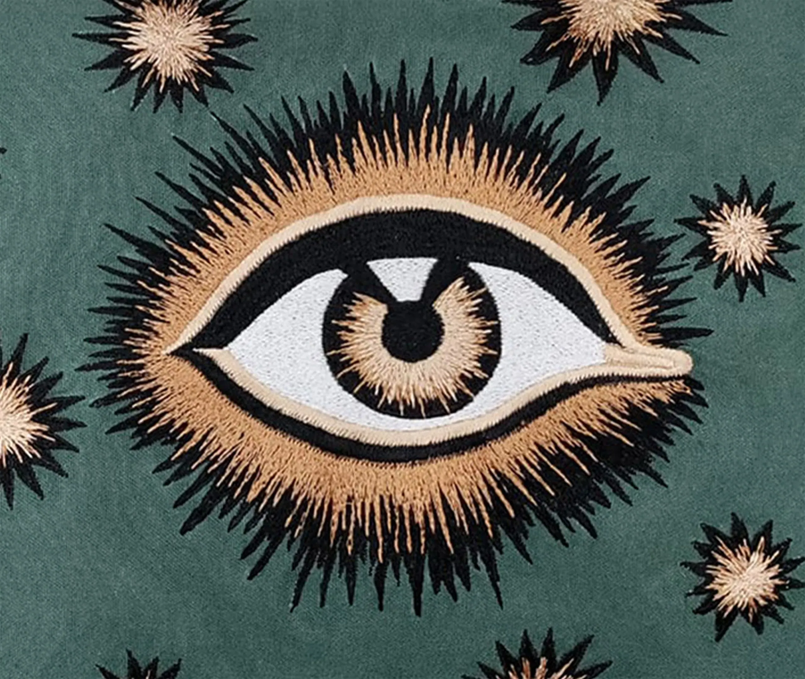 Embroidered Cushion with Eye Motif - Green, Cotton