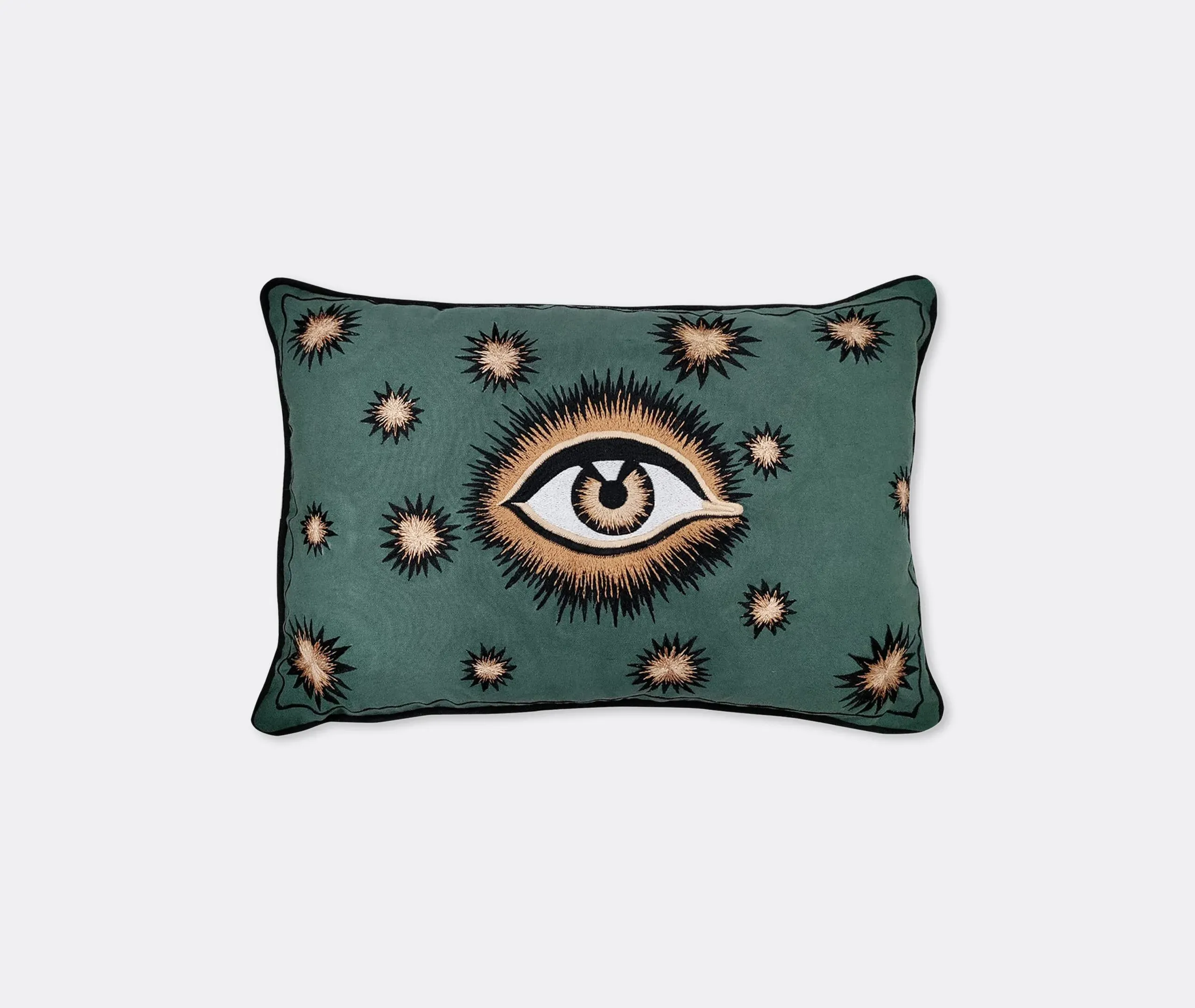 Embroidered Cushion with Eye Motif - Green, Cotton