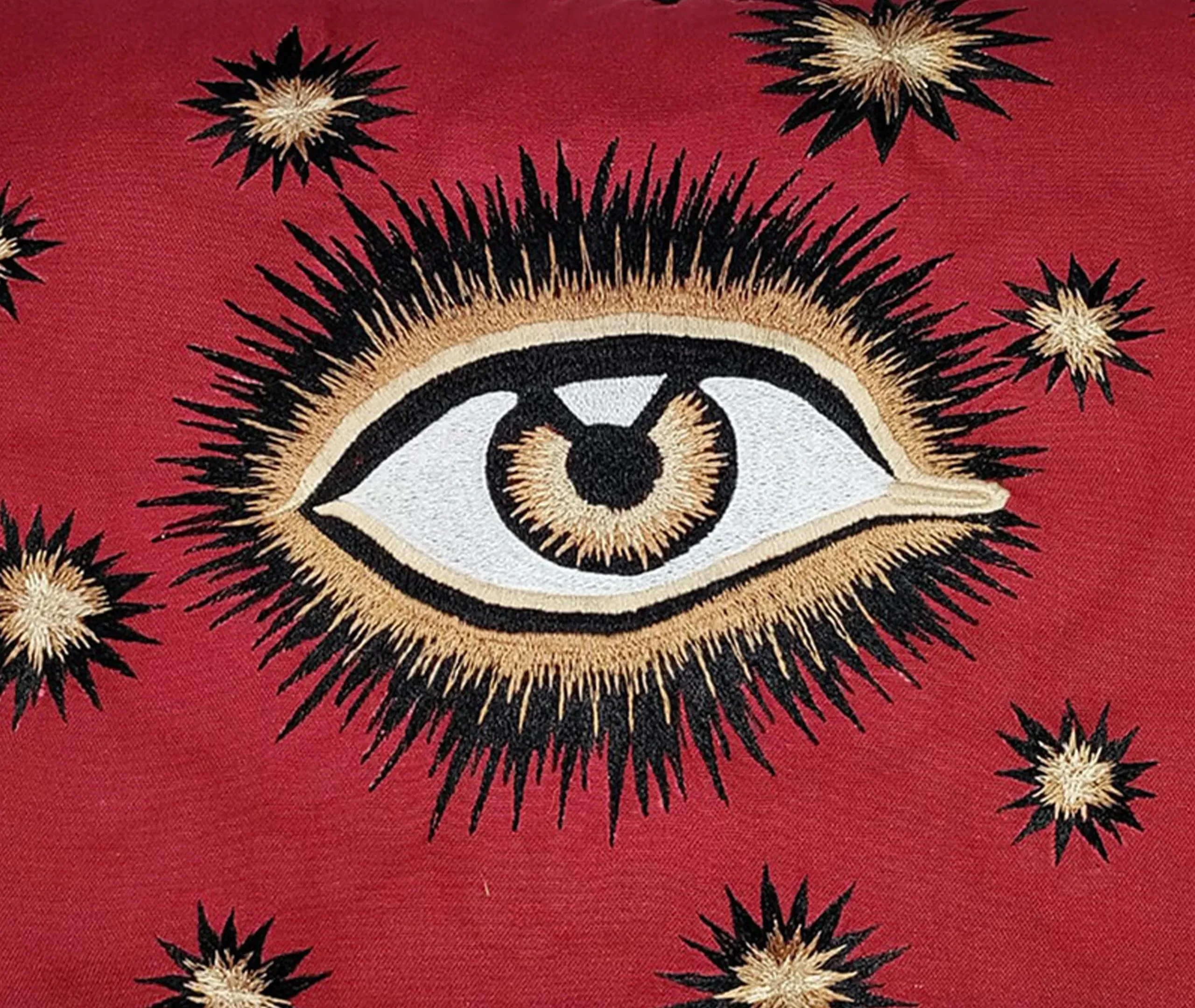 Embroidered Cushion with Eye Motif - Red, Cotton