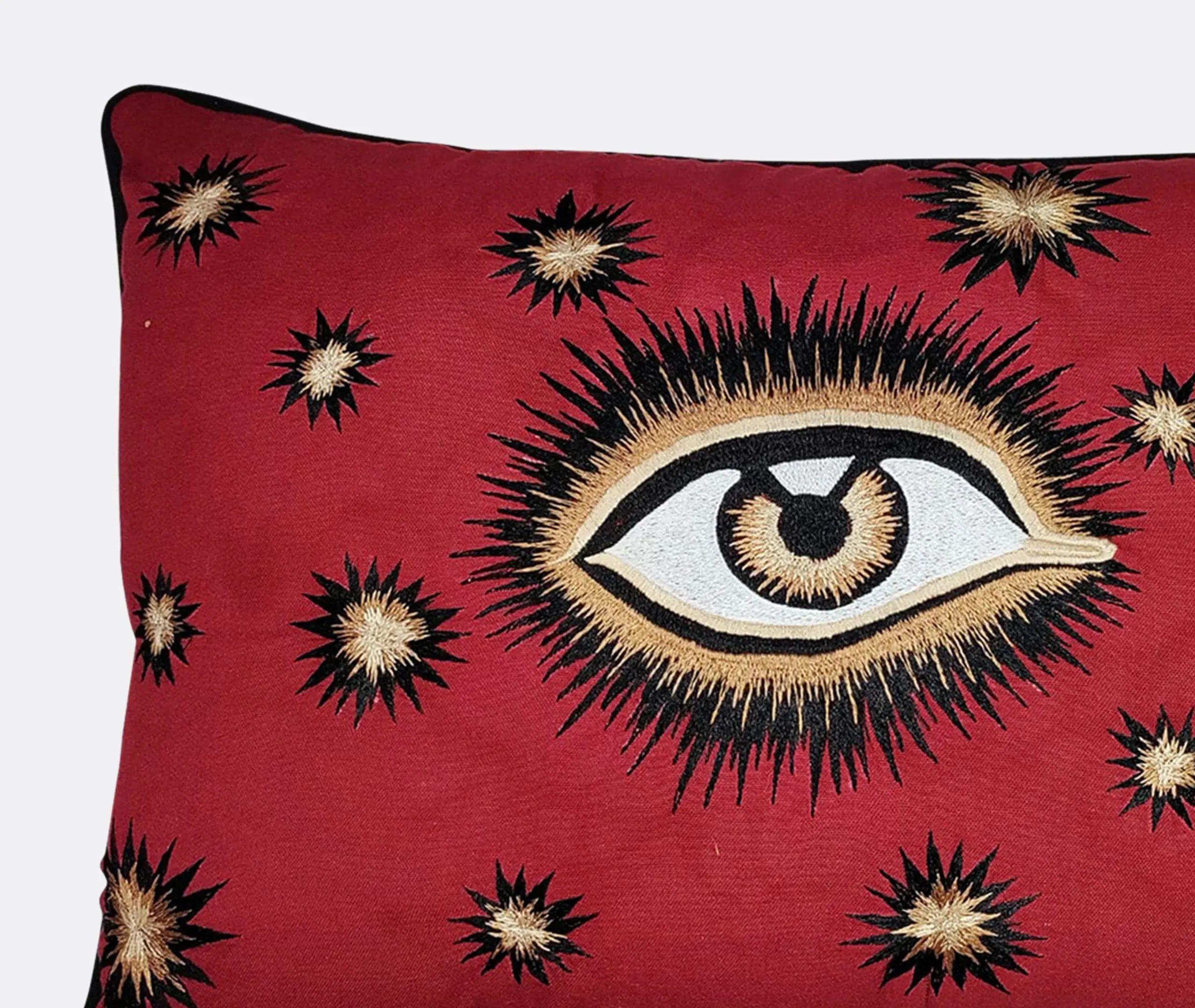 Embroidered Cushion with Eye Motif - Red, Cotton