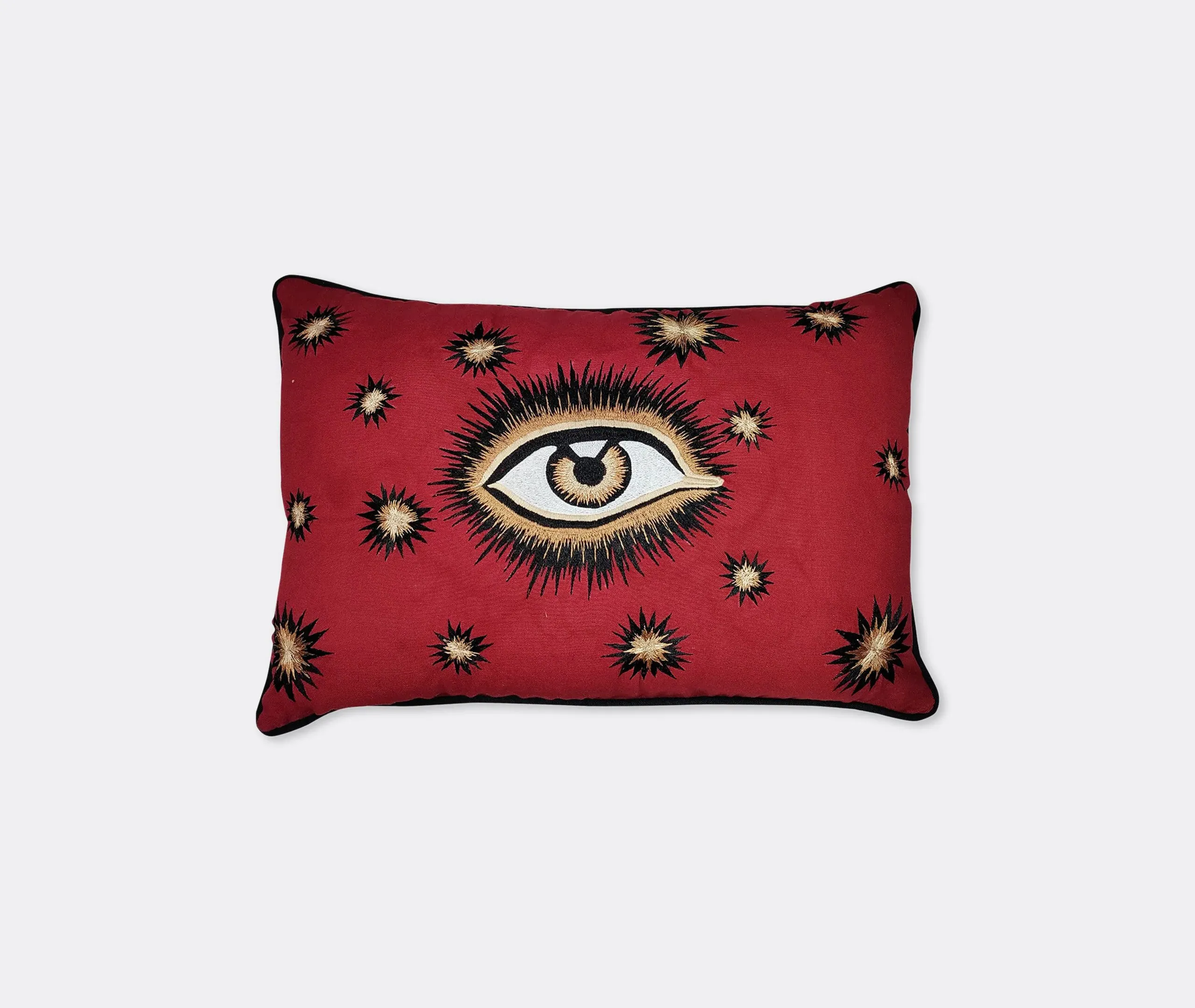 Embroidered Cushion with Eye Motif - Red, Cotton